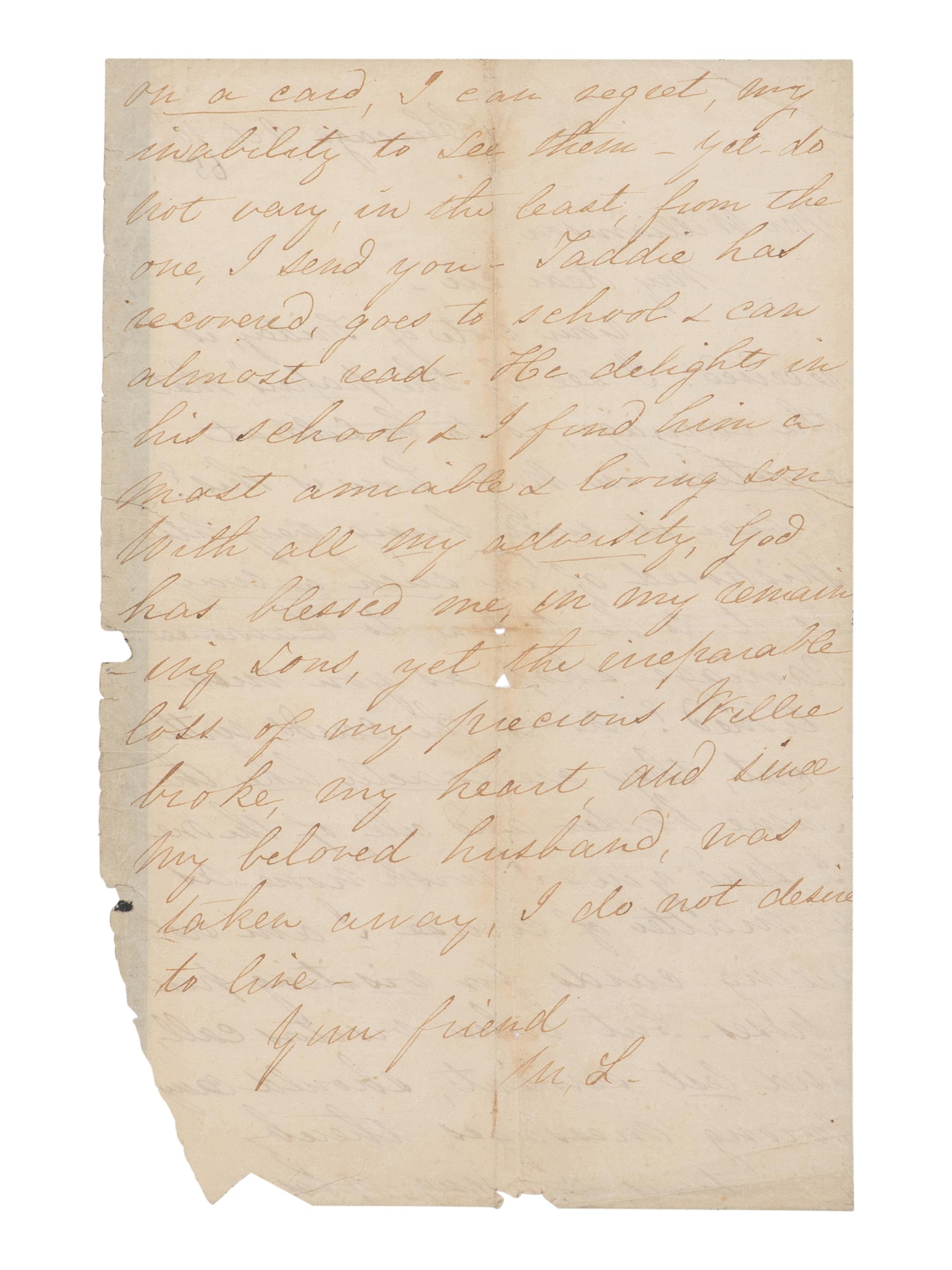 LINCOLN, Mary Todd (1818-1882). Autograph letter signed ("M.L.") to Alexander Williamson, Chicago, 10 October 1865.
