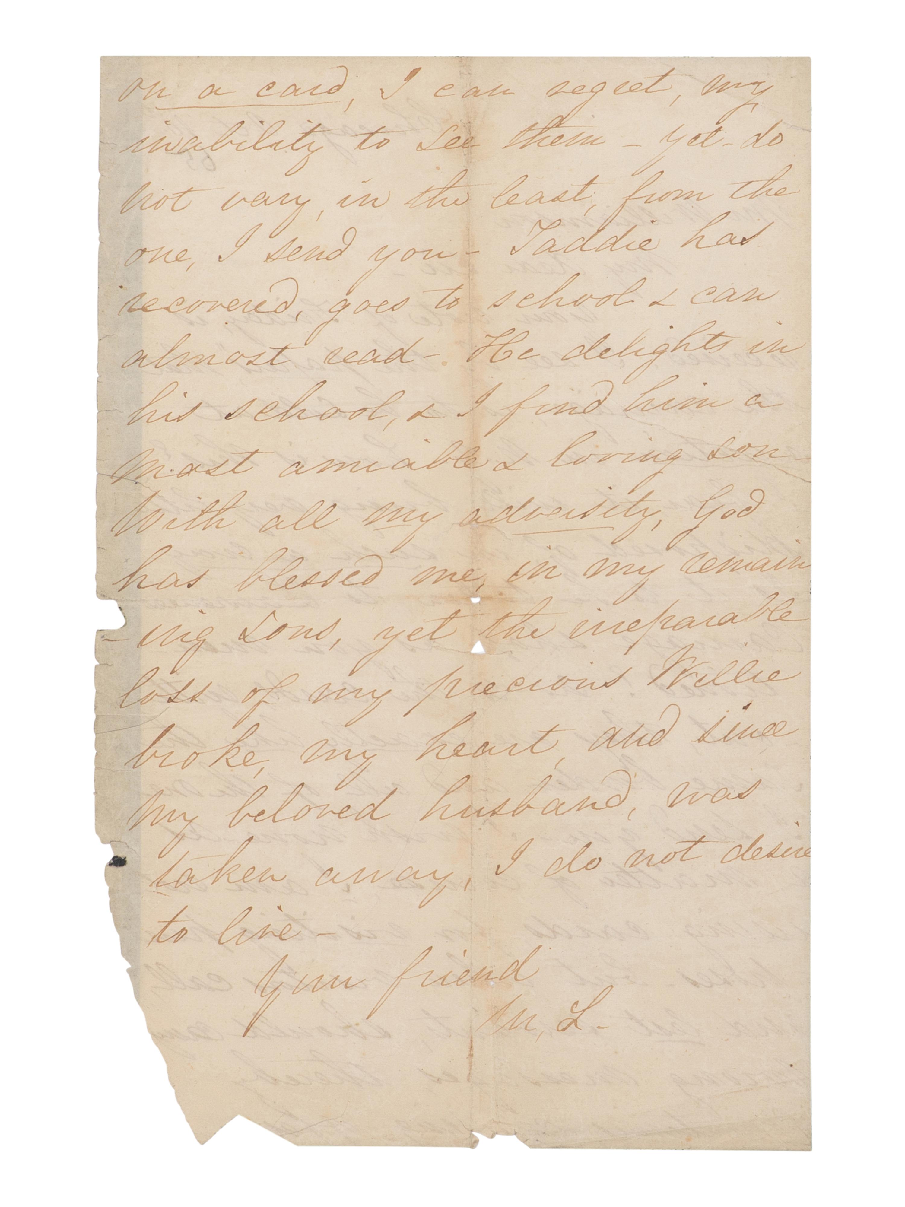 LINCOLN, Mary Todd (1818-1882). Autograph letter signed ("M.L.") to Alexander Williamson, Chicago, 10 October 1865.