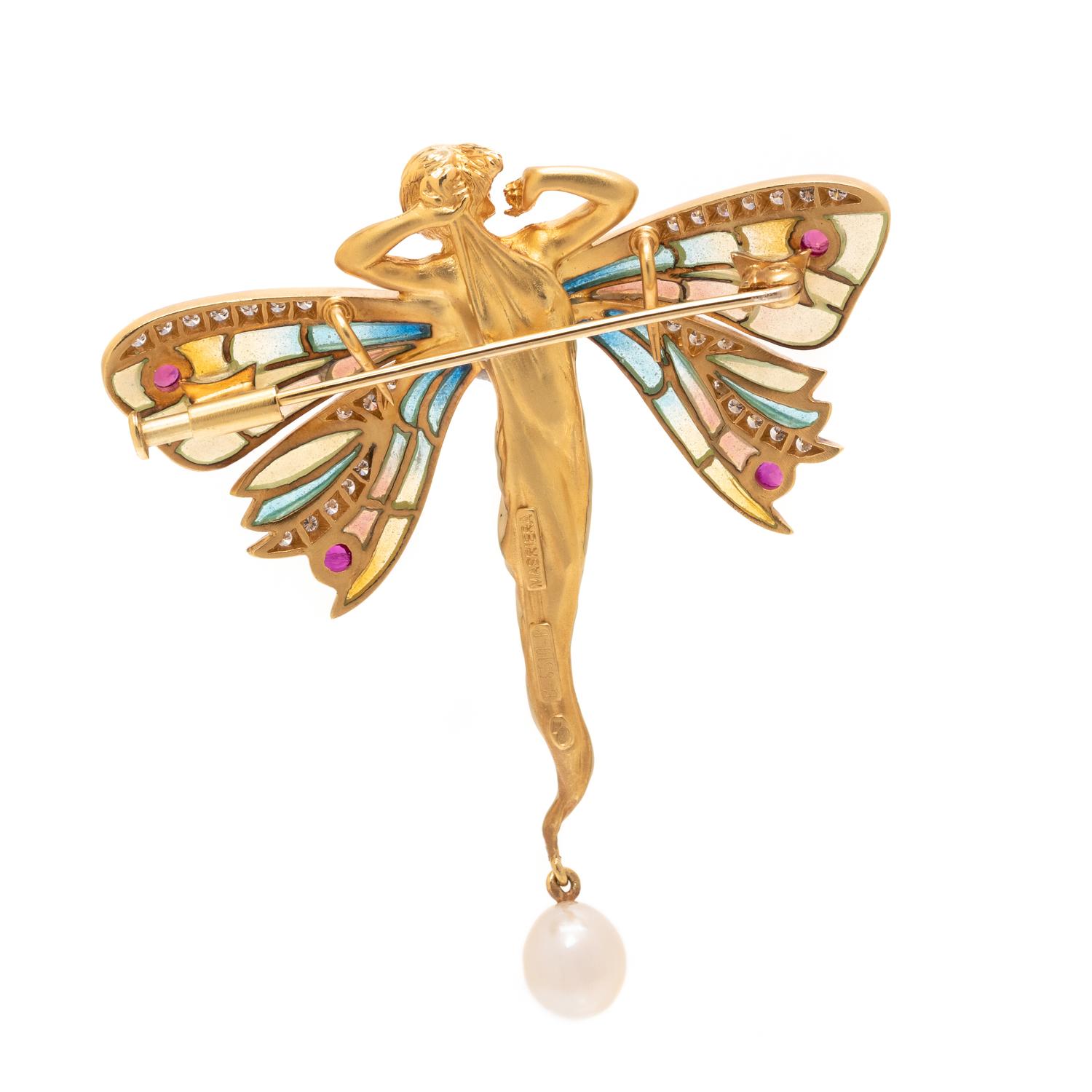 An 18 Karat Yellow Gold, Polychrome Enamel, Ruby and Cultured Pearl 'Nymphs' Pendant/Brooch, Masriera,