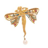 An 18 Karat Yellow Gold, Polychrome Enamel, Ruby and Cultured Pearl 'Nymphs' Pendant/Brooch, Masriera,
