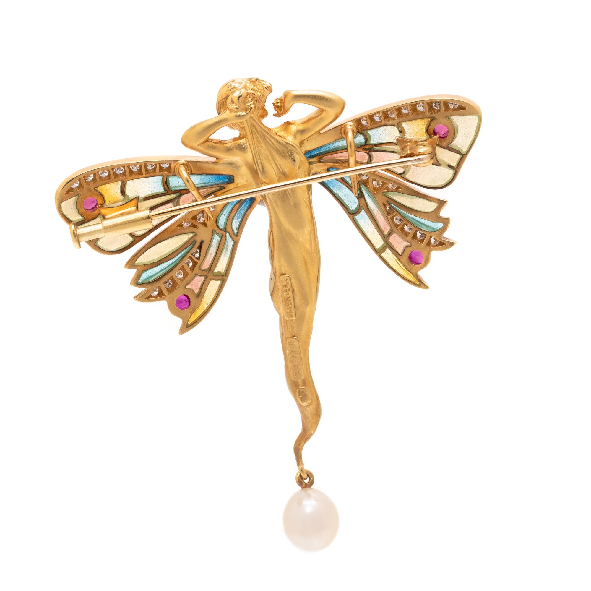 An 18 Karat Yellow Gold, Polychrome Enamel, Ruby and Cultured Pearl 'Nymphs' Pendant/Brooch, Masriera,