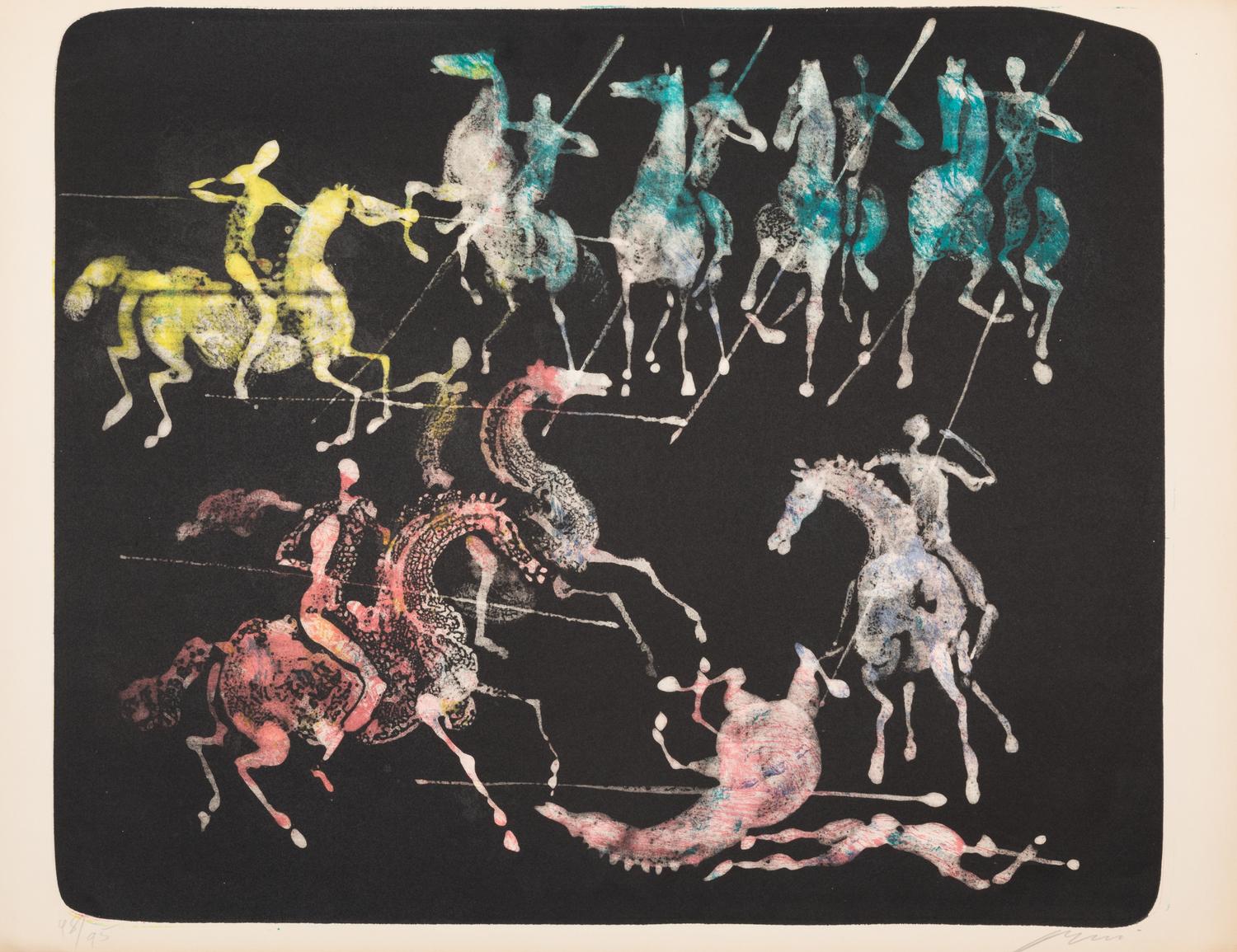 Hans Erni, (Swiss, 1909-2015), A group of seven works: Two Horses and a Cat, Riders, Male Figure, Male Figure, Riders, Male Figure, Eur