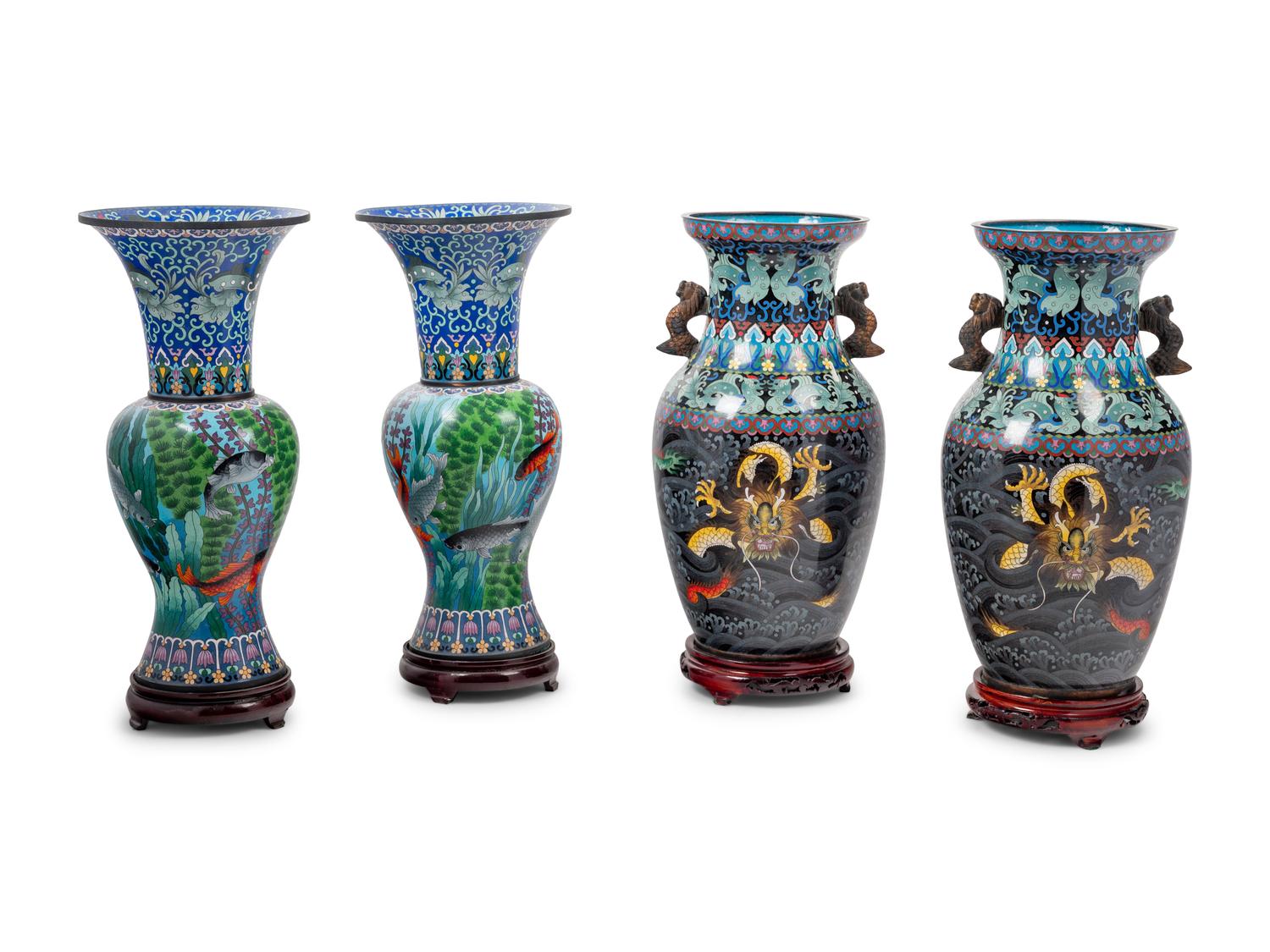 Two Pairs of Chinese Cloisonné Enameled Vases
