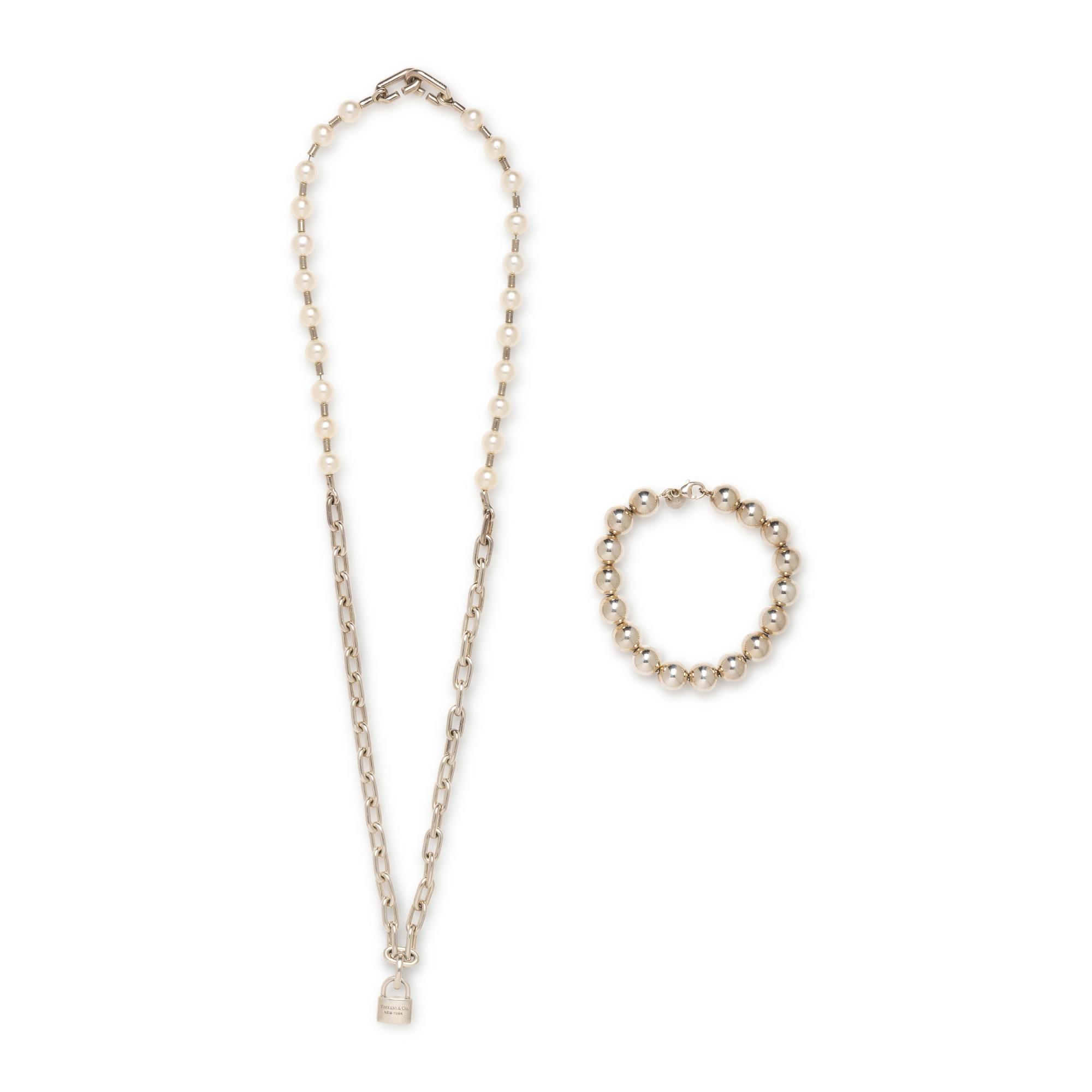 Tiffany & Co., Silver HardWear Pearl Lock Necklace & Silver Bracelet