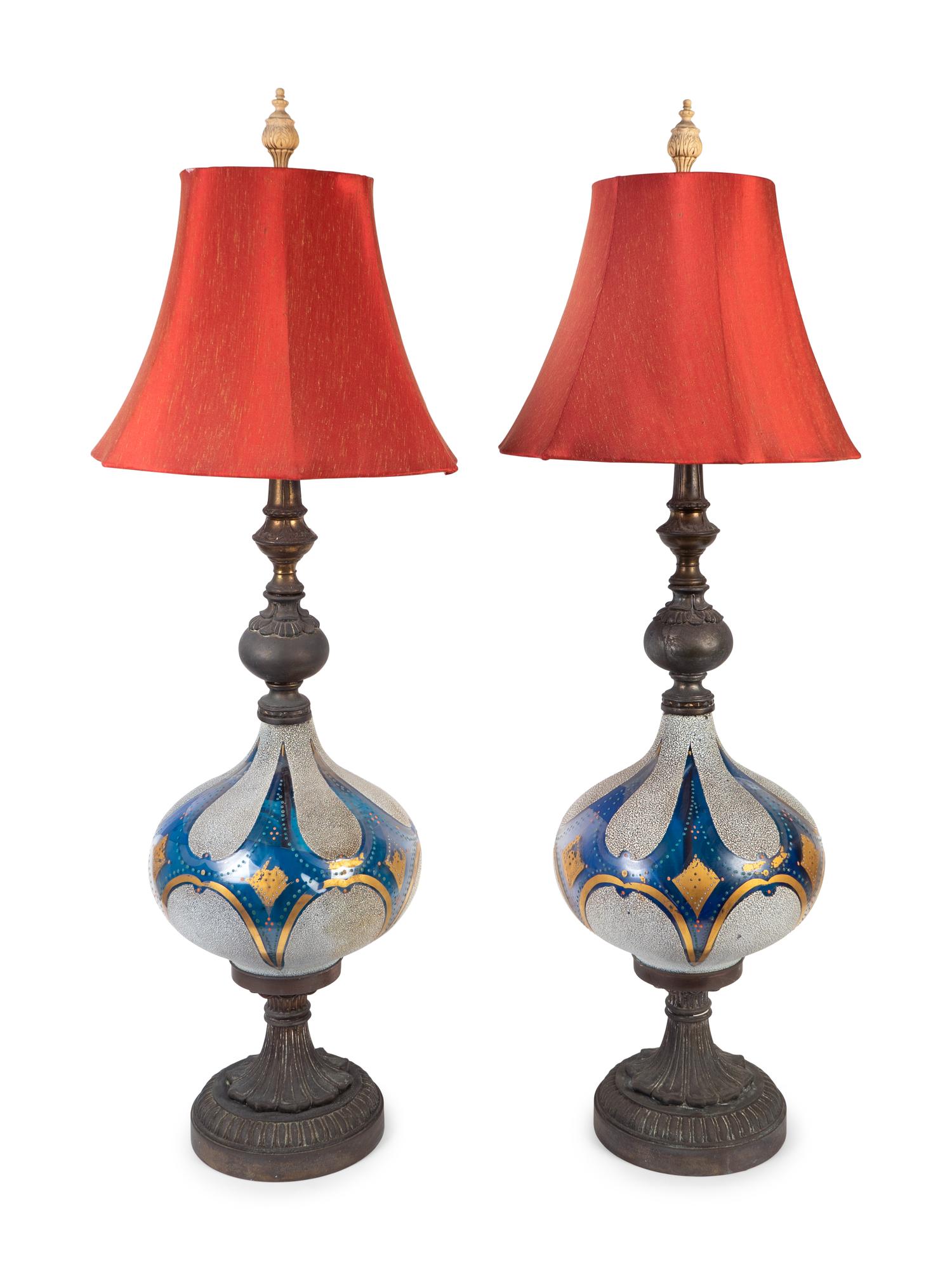 A Large Pair of European Orientalist Enameled Glass Table Lamps — EARLY 20TH CENTURY