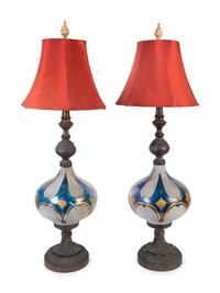 A Large Pair of European Orientalist Enameled Glass Table Lamps — EARLY 20TH CENTURY