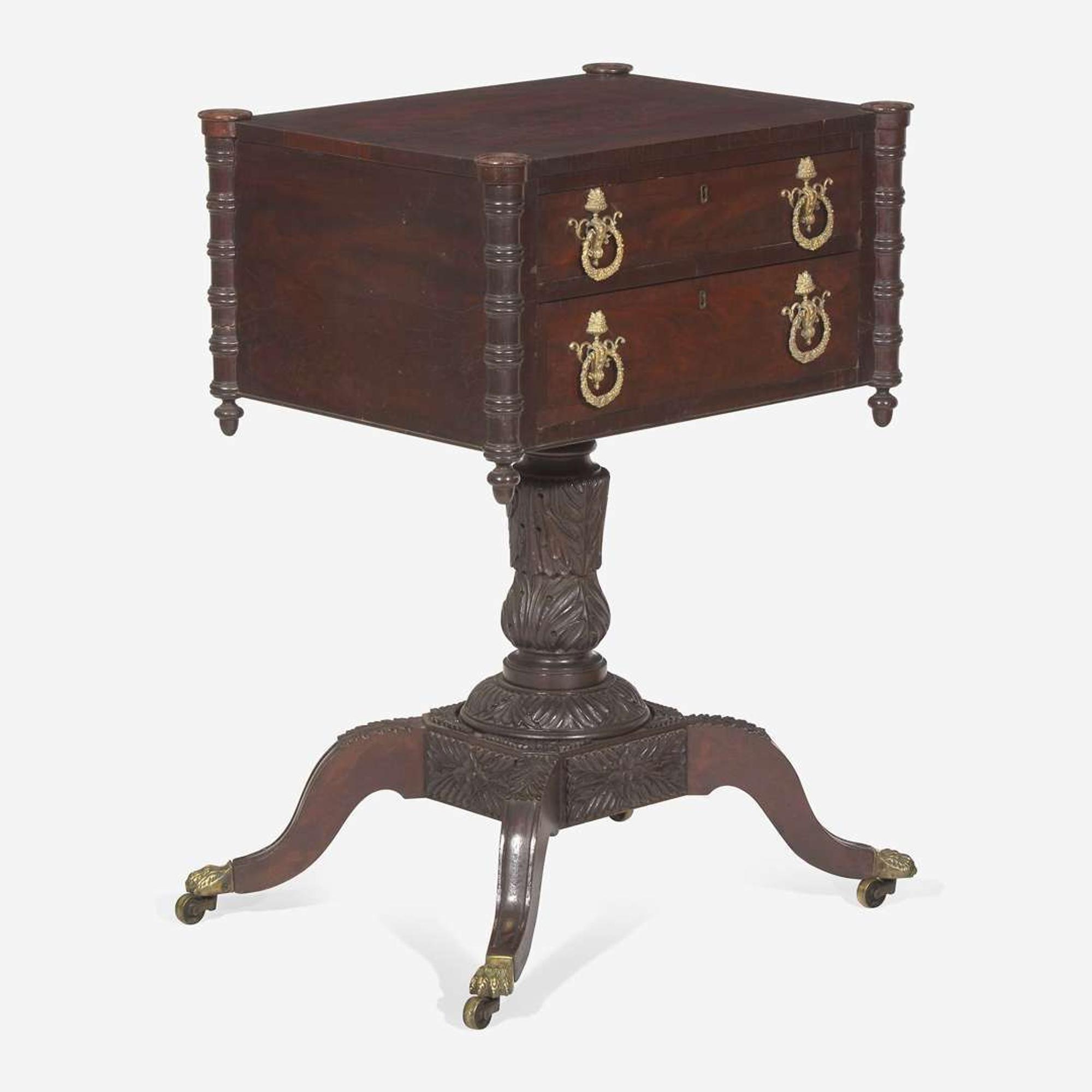 A Classical carved mahogany and rosewood work table Attributed to Anthony G. Quervelle (1789-1856), Philadelphia, PA, circa 1820