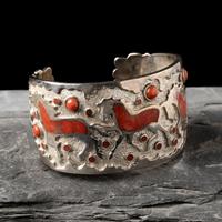 Michael Perry (Diné, b. 1972) — Sterling Silver and Coral Horse Cuff Bracelet