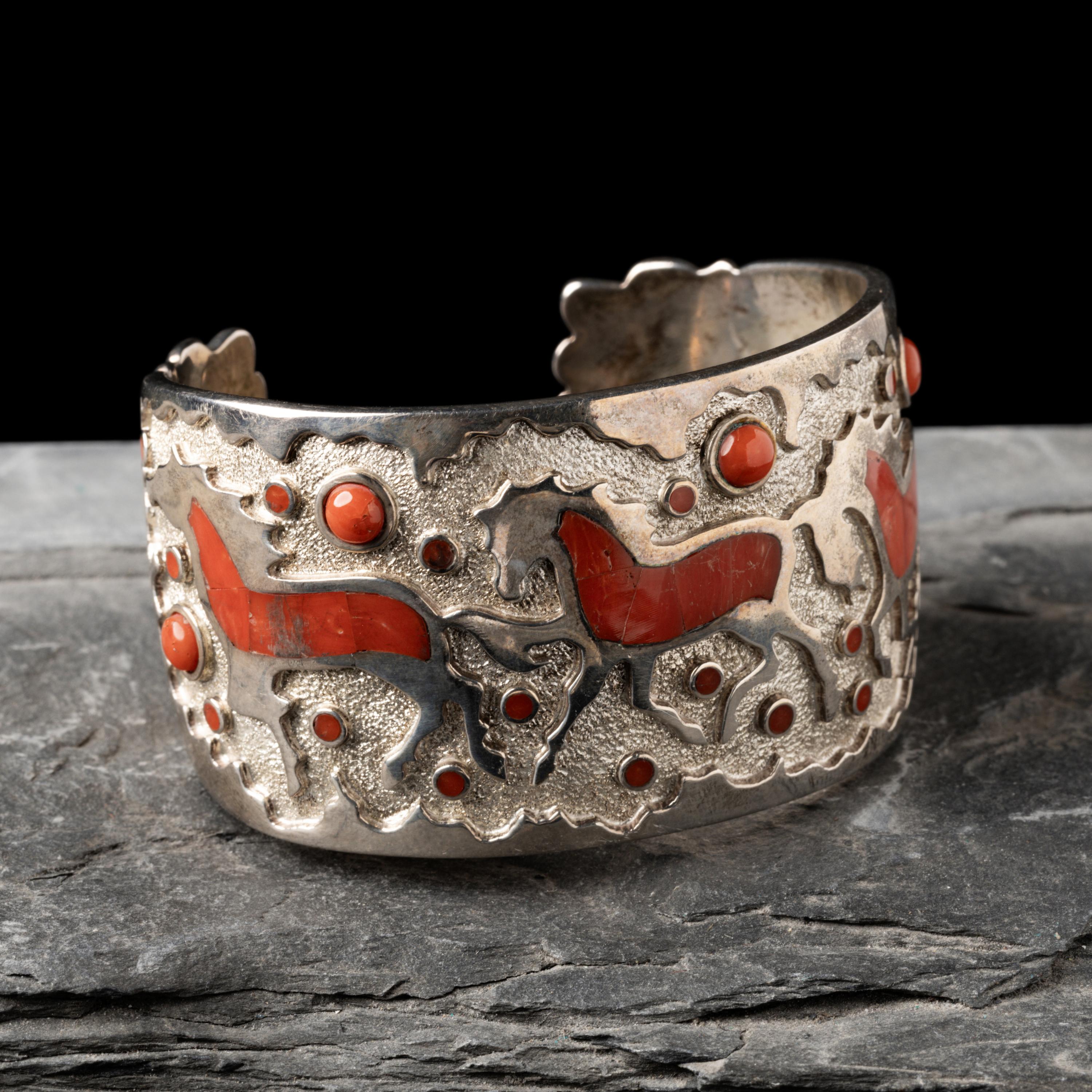 Michael Perry (Diné, b. 1972) — Sterling Silver and Coral Horse Cuff Bracelet