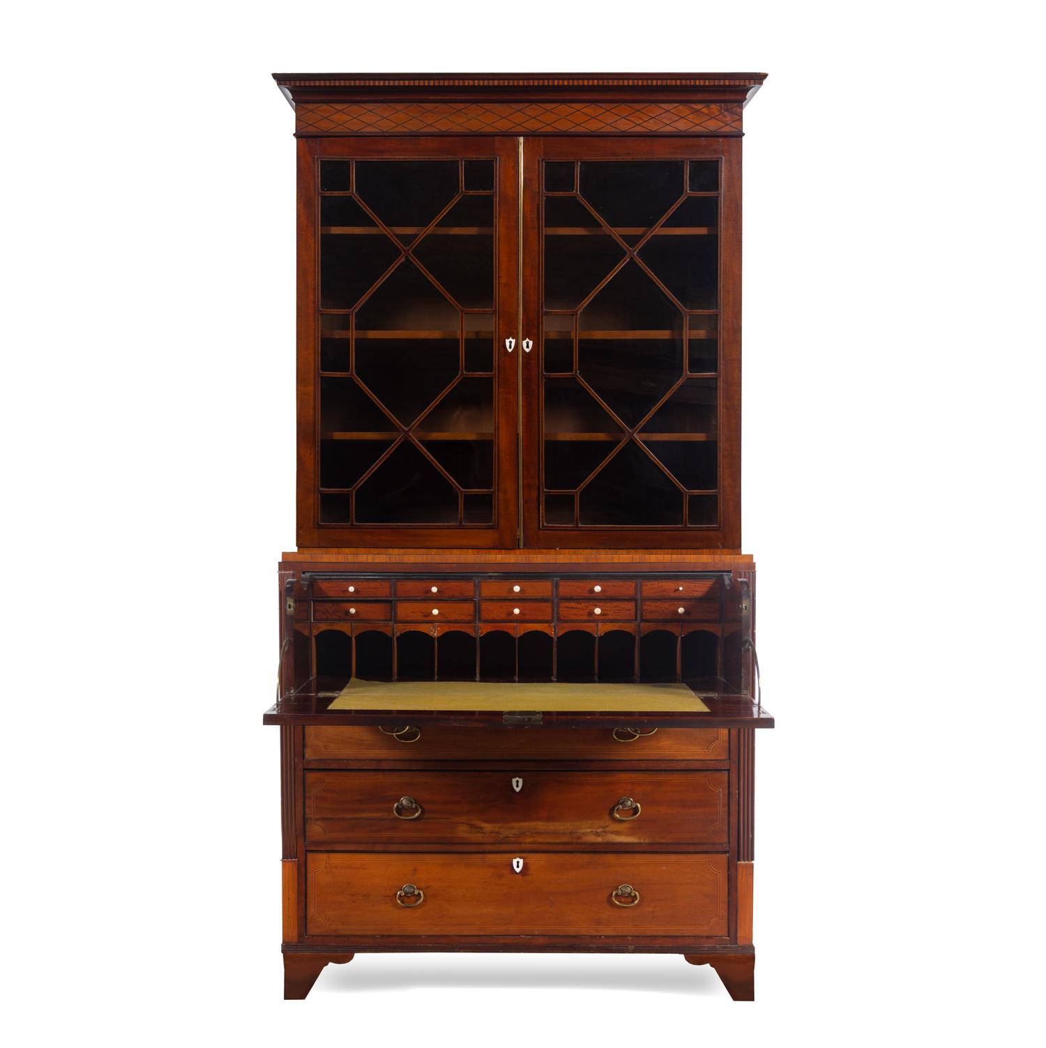 A George III Style Satinwood Inlaid Mahogany Secretary Bookcase
