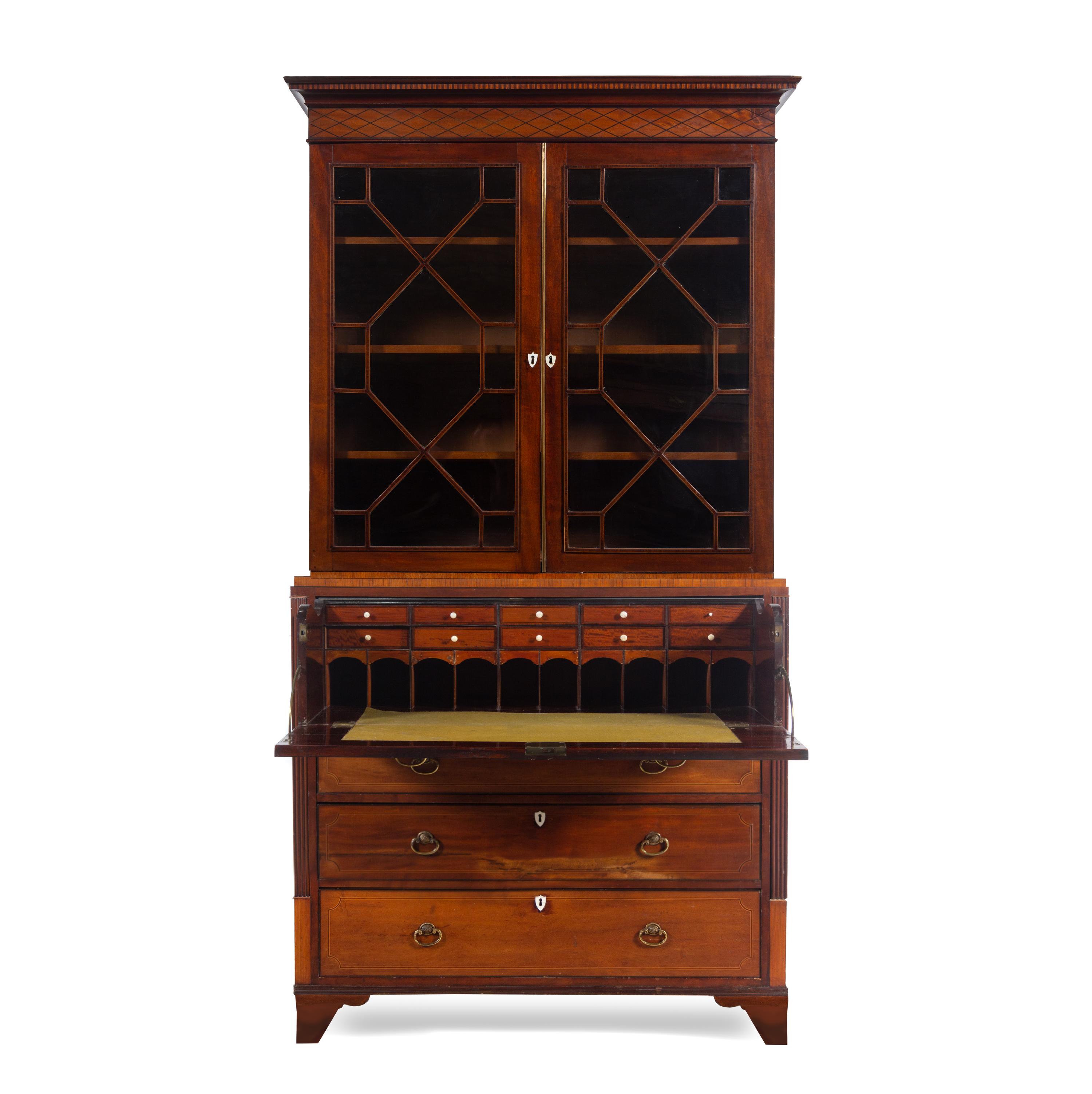 A George III Style Satinwood Inlaid Mahogany Secretary Bookcase