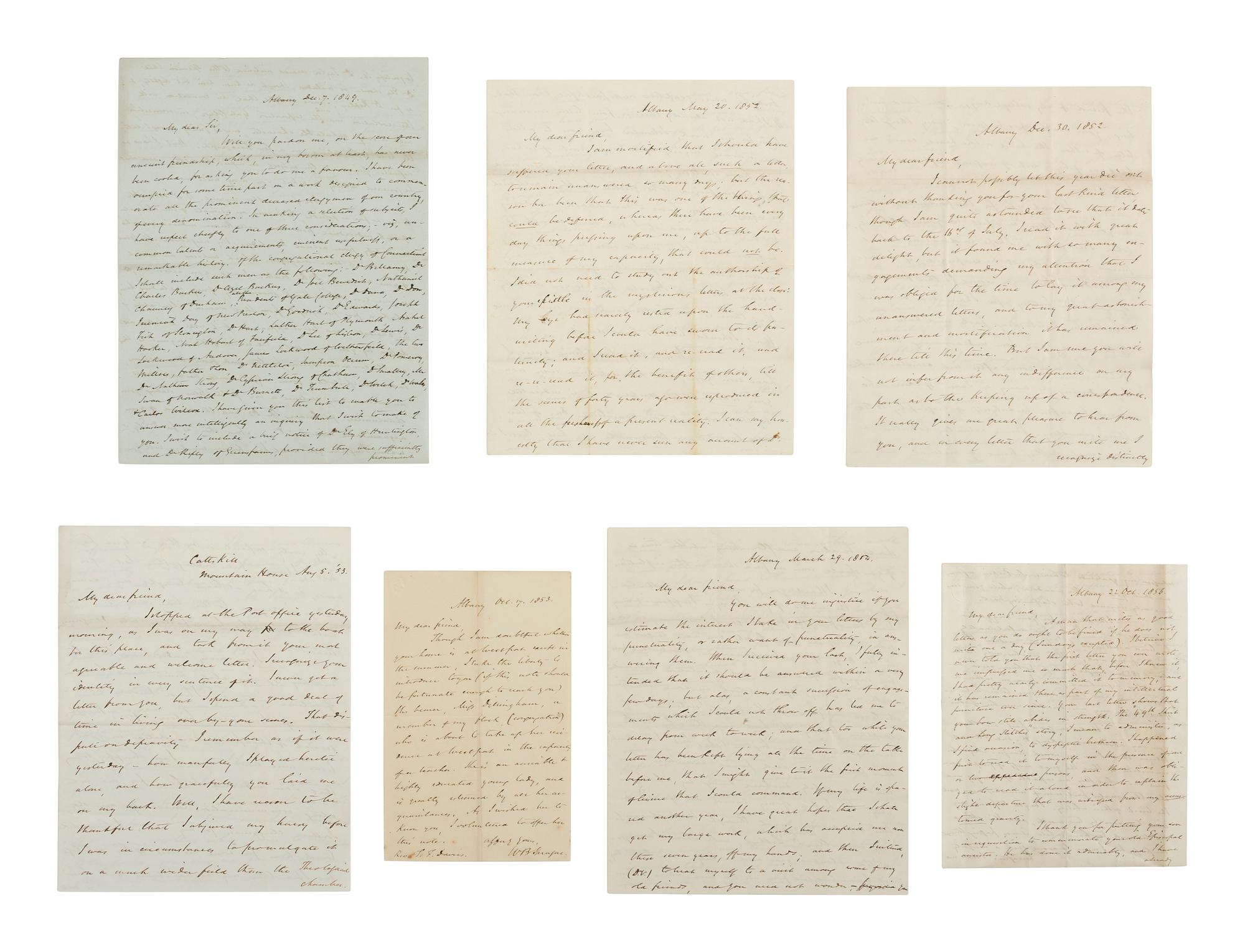 [AUTOGRAPHS]. SPRAGUE, Dr. William Buell (1795-1876). Group of 17 ALsS, 1849-1865.