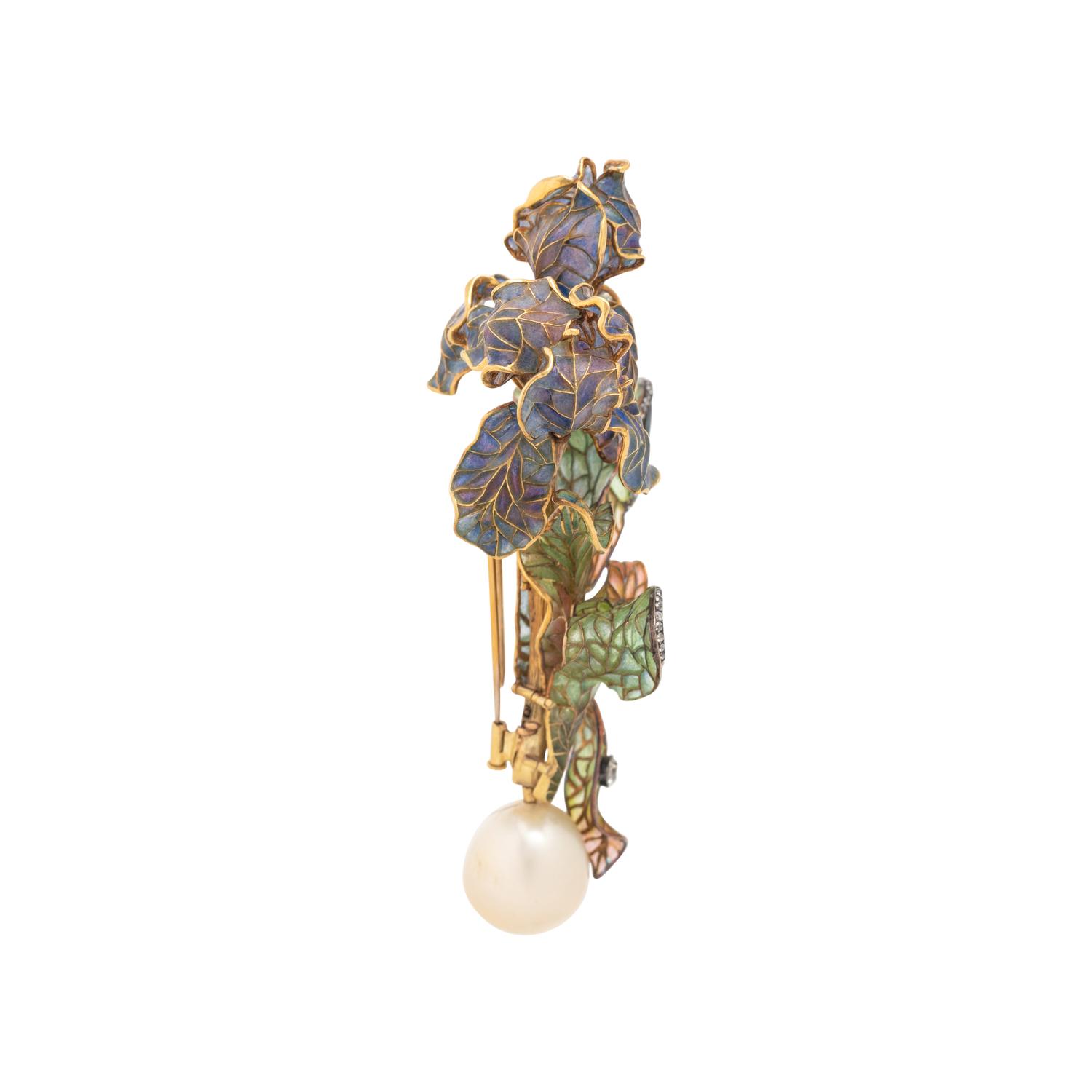EVELYN CLOTHIER, AN ELEGANT PLIQUE-À-JOUR ENAMEL, DIAMOND AND CULTURED SOUTH SEA PEARL IRIS BROOCH