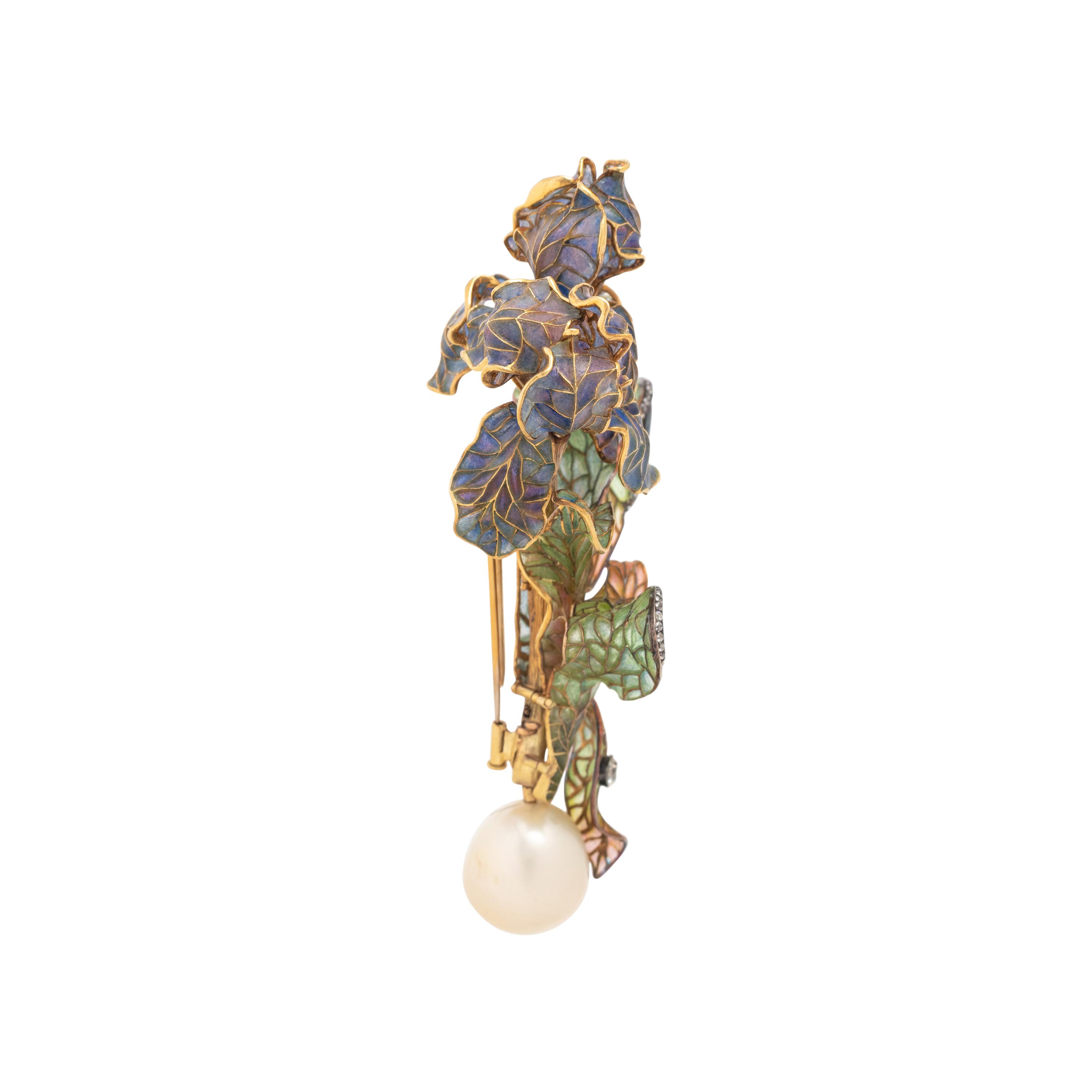 EVELYN CLOTHIER, AN ELEGANT PLIQUE-À-JOUR ENAMEL, DIAMOND AND CULTURED SOUTH SEA PEARL IRIS BROOCH