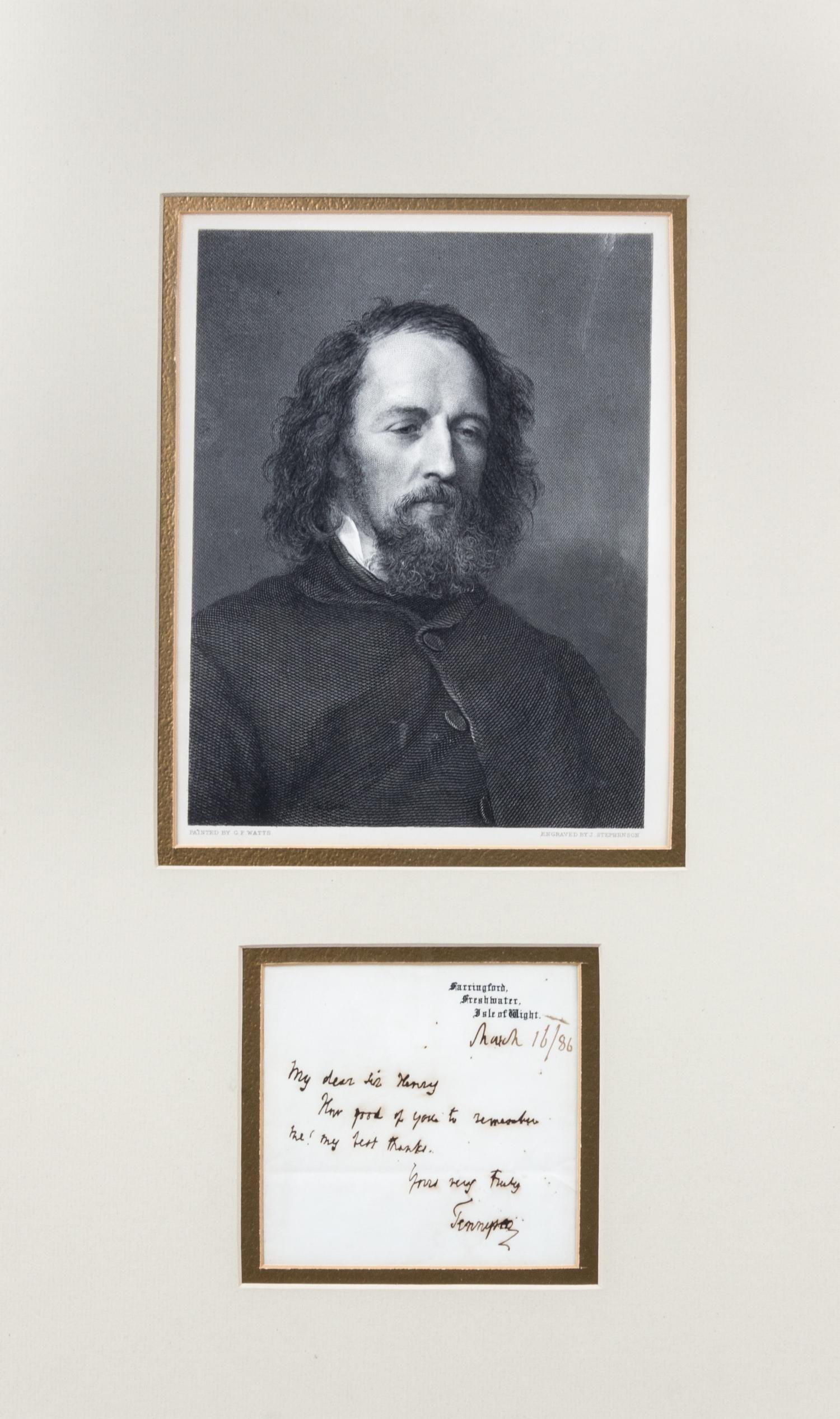 TENNYSON, ALFRED LORD. Autographed note signed. Dated March 16, 1886. Size of note 4 1/4 x 4 1/2 inches.