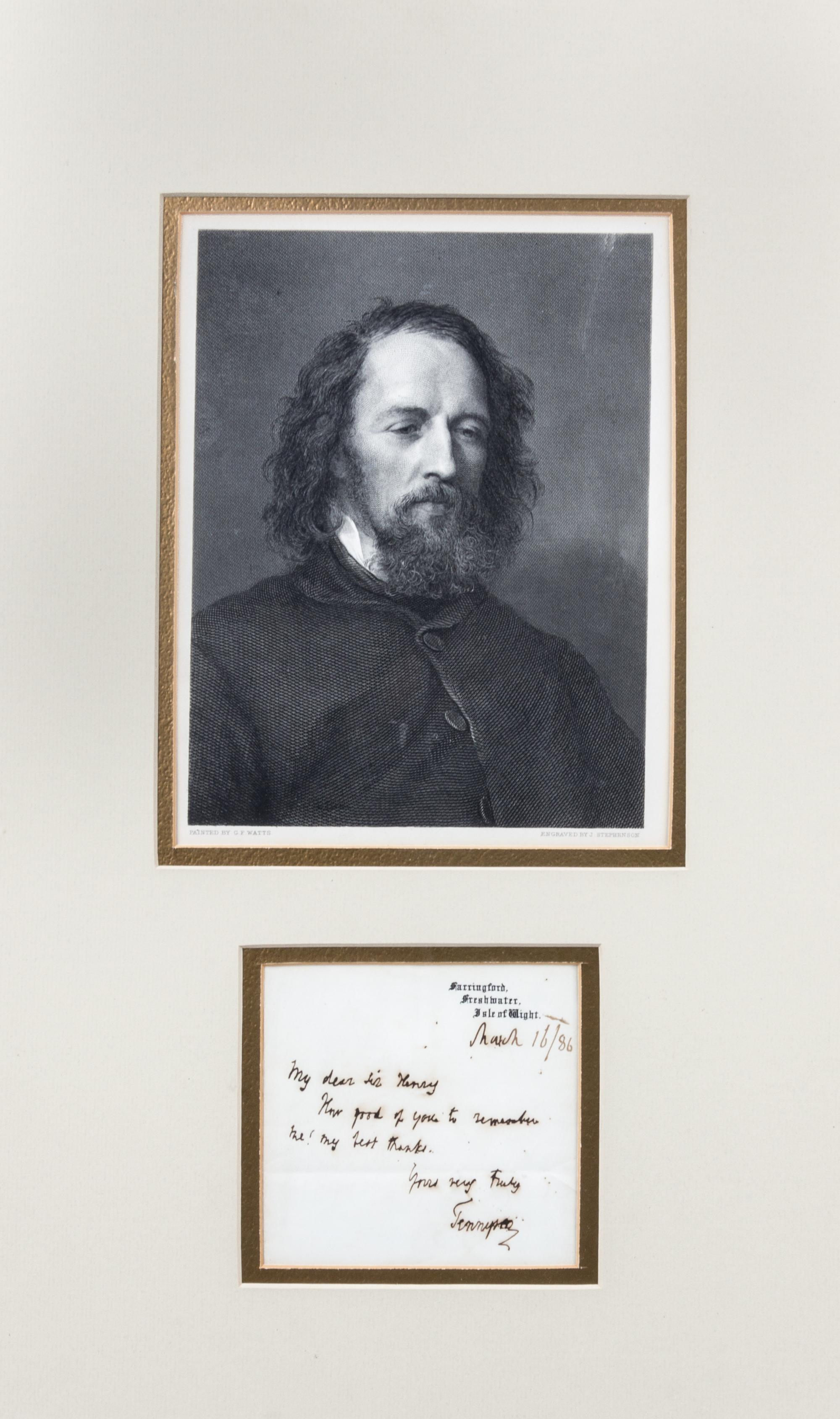 TENNYSON, ALFRED LORD. Autographed note signed. Dated March 16, 1886. Size of note 4 1/4 x 4 1/2 inches.