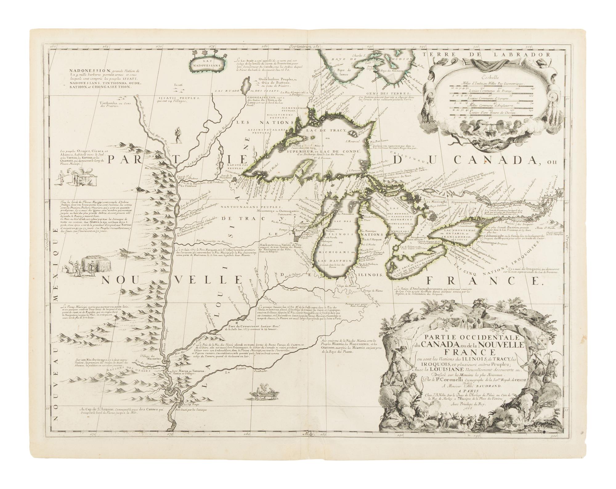 [MAP]. CORONELLI, Vincenzo Maria (1650-1718). Partie Occidentale du Canada ou de la Nouvelle France ou Sont les Nations des Illinois, de Tracy, les Iroquois, et Plusieurs Autres Peuples; Avec la Louisiane Nouvellement Decouverte etc . Paris, 1688.