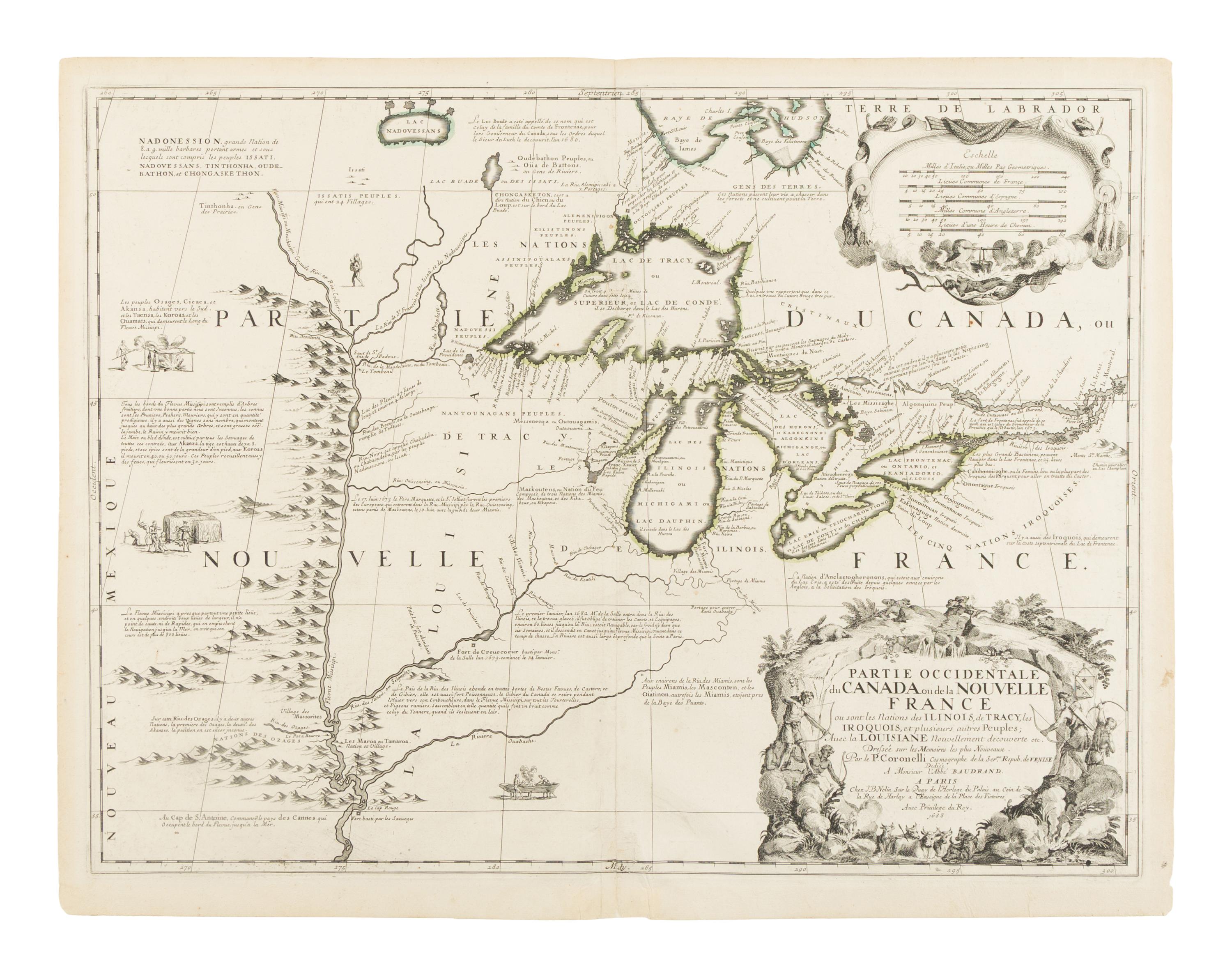 [MAP]. CORONELLI, Vincenzo Maria (1650-1718). Partie Occidentale du Canada ou de la Nouvelle France ou Sont les Nations des Illinois, de Tracy, les Iroquois, et Plusieurs Autres Peuples; Avec la Louisiane Nouvellement Decouverte etc . Paris, 1688.