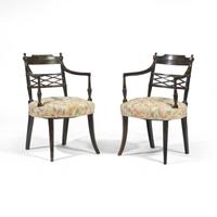 A Pair of Regency Ebonized and Grisaille-Decorated Armchairs