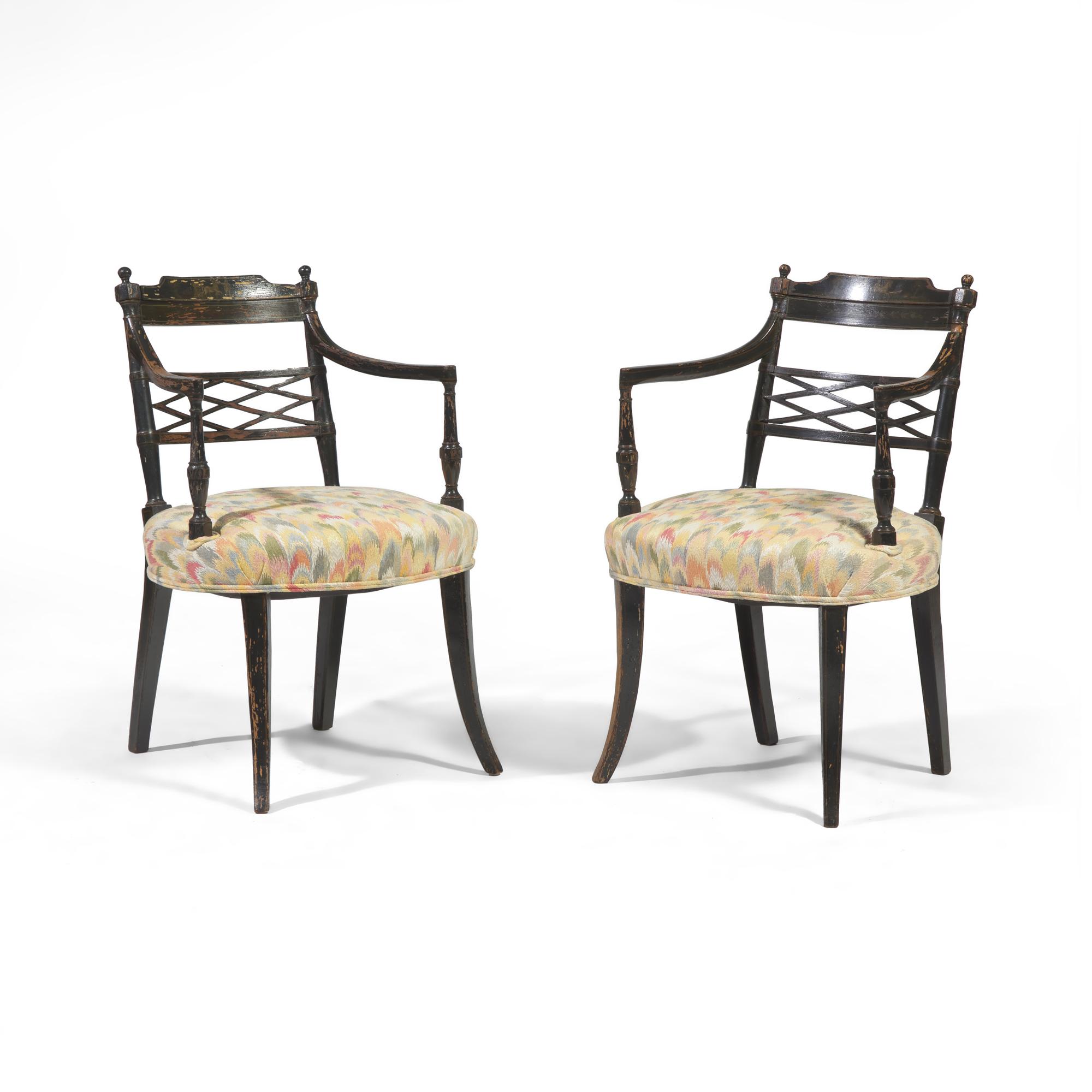 A Pair of Regency Ebonized and Grisaille-Decorated Armchairs
