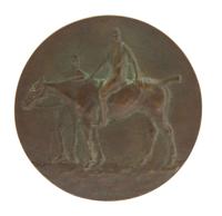 Emile Pinchon, (French, b. 1872), Polo de Cannes bronze medallion with polo players and pony on face, the verso with a wooded landscape