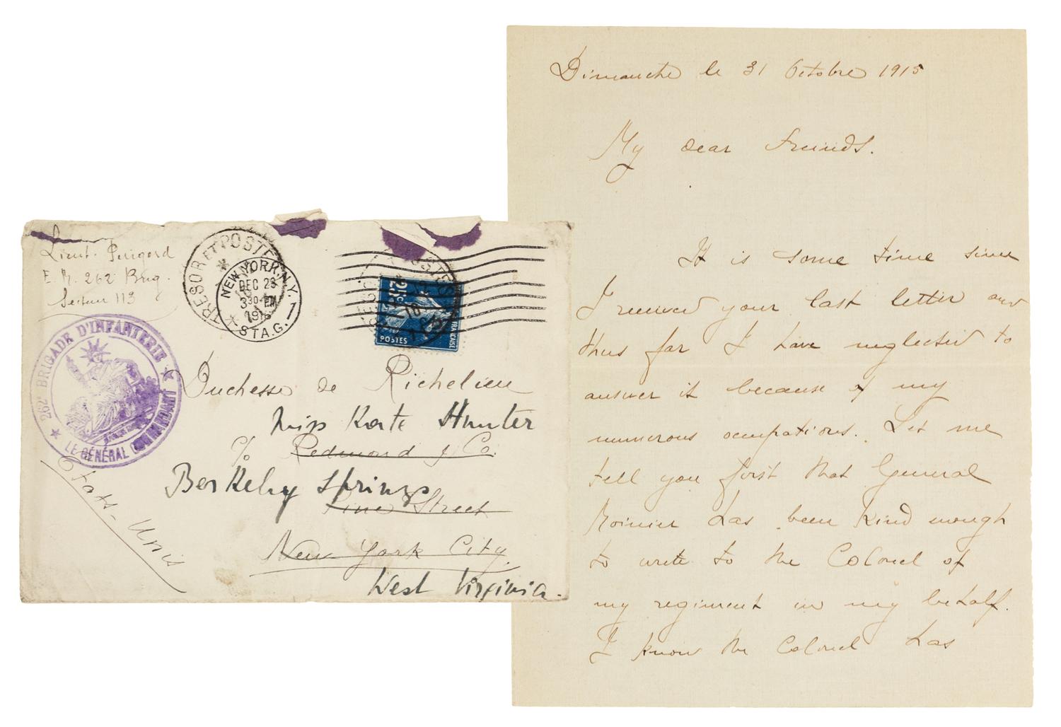 [WORLD WAR I]. An archive of letters written between 1913 and 1921 from Captain Paul Perigord (1882-1959) of the French Army to Duchess de Richelieu (1886-1972).
