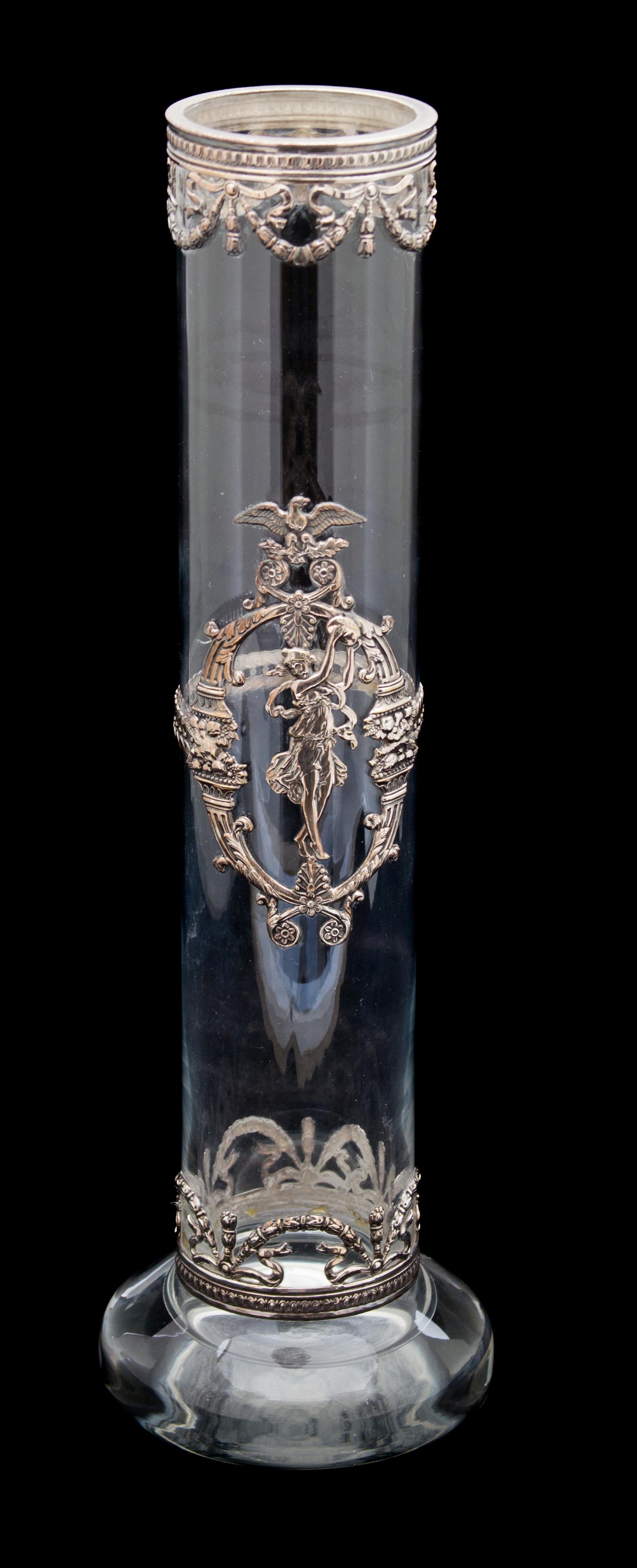A Continental Silver Mounted Crystal Cylindrical Vase Height 15 1/2 inches. — 20TH CENTURY