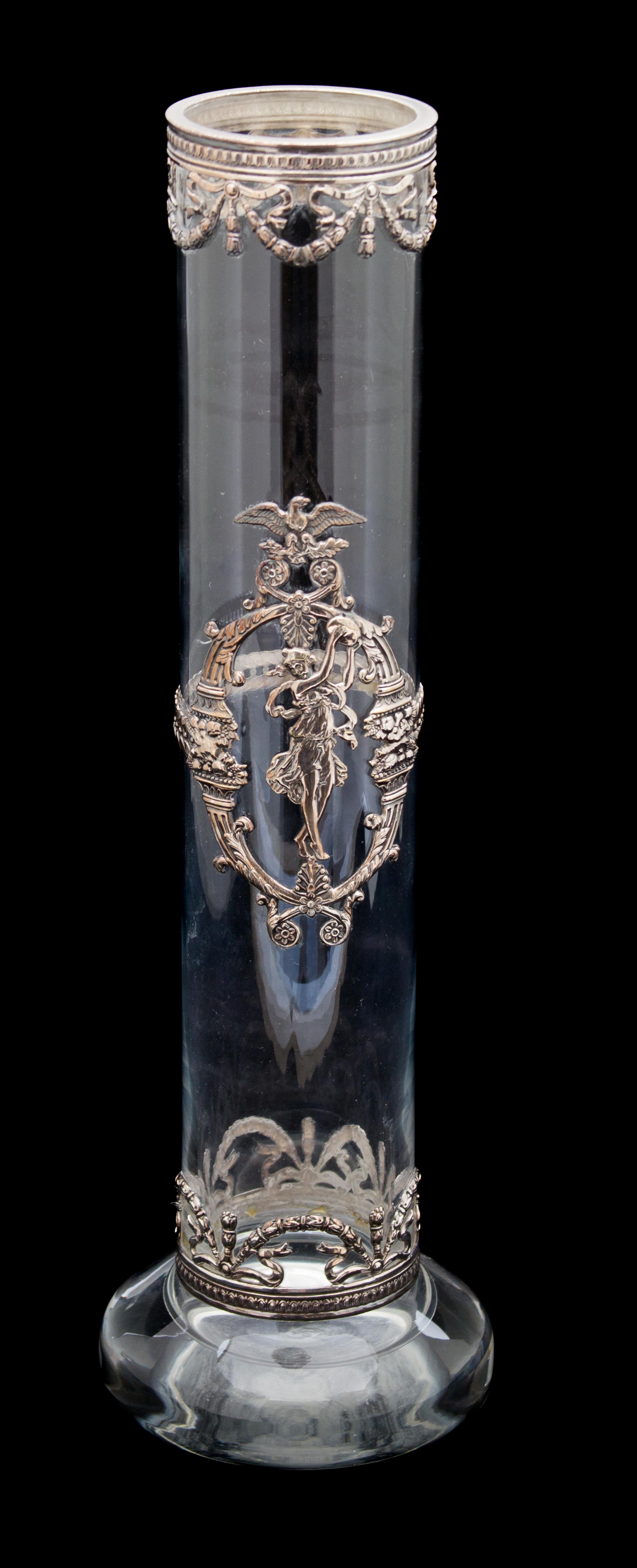 A Continental Silver Mounted Crystal Cylindrical Vase Height 15 1/2 inches. — 20TH CENTURY