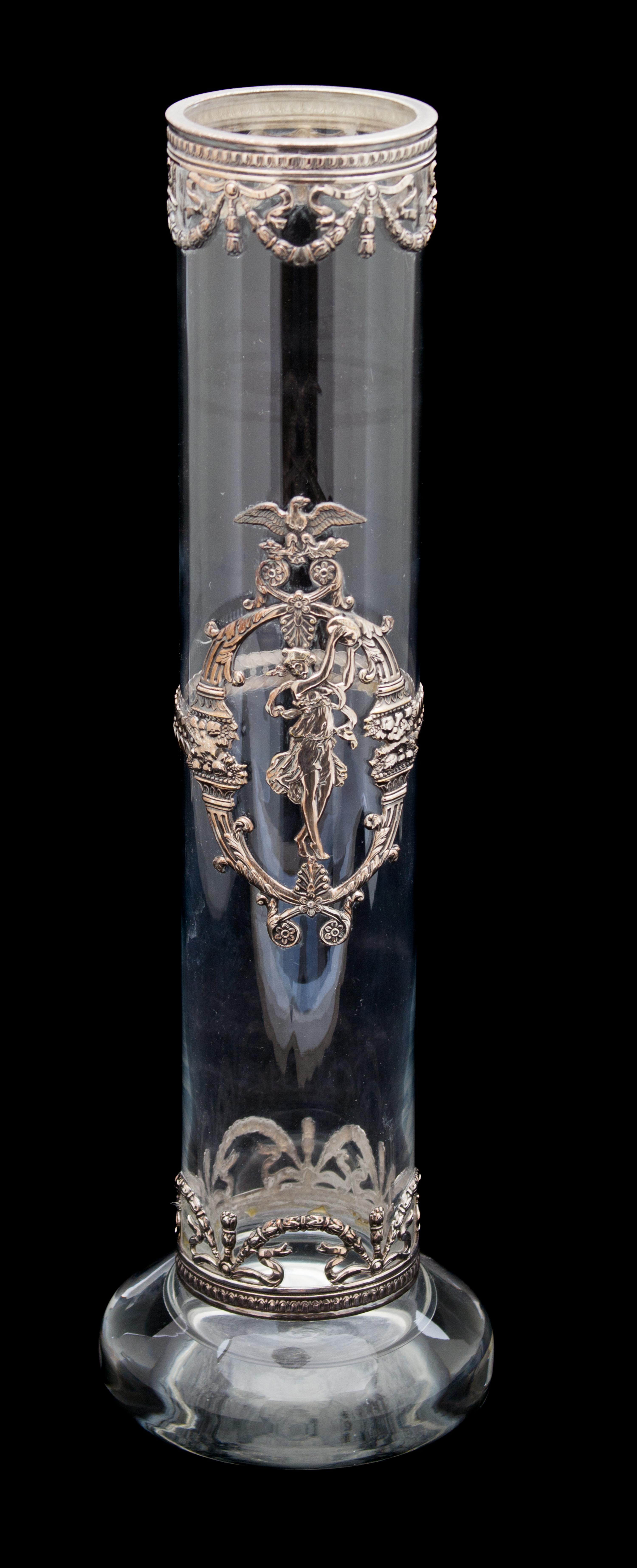 A Continental Silver Mounted Crystal Cylindrical Vase Height 15 1/2 inches. — 20TH CENTURY