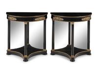 A Pair of Empire Style Gilt Bronze Mounted and Black Lacquered Demi Lune Console Tables
