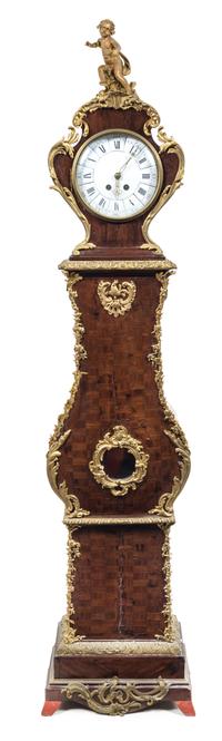 A Louis XV Style Gilt Bronze Mounted Parquetry Tall Case Clock Height 93 inches. — RETAILED BY TIFFANY & CO., 19TH CENTURY