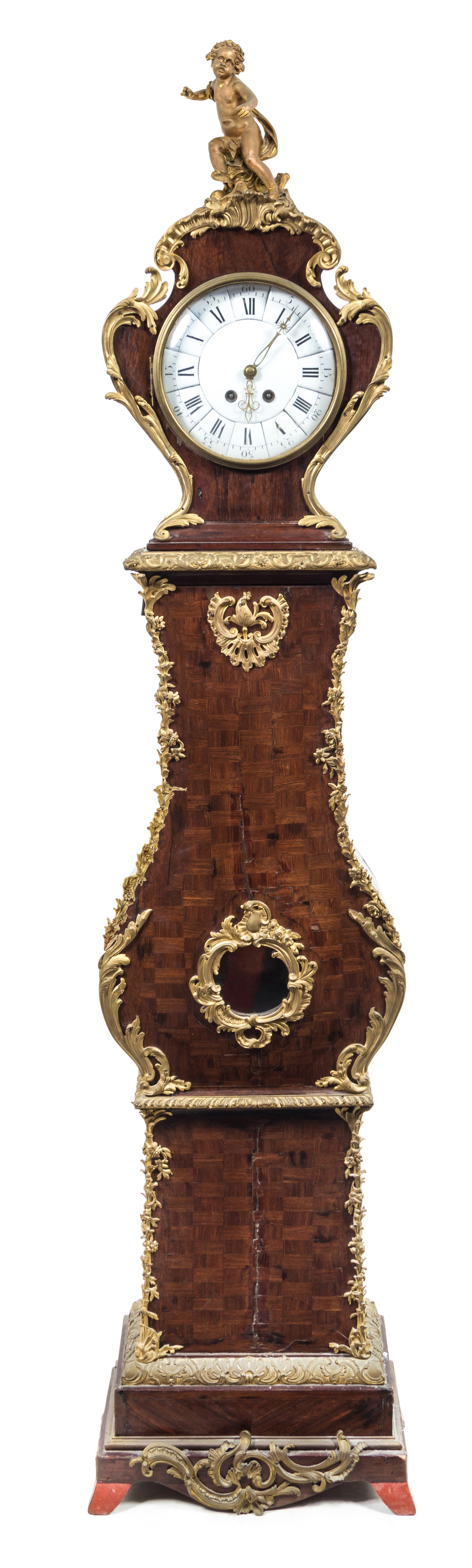 A Louis XV Style Gilt Bronze Mounted Parquetry Tall Case Clock Height 93 inches. — RETAILED BY TIFFANY & CO., 19TH CENTURY