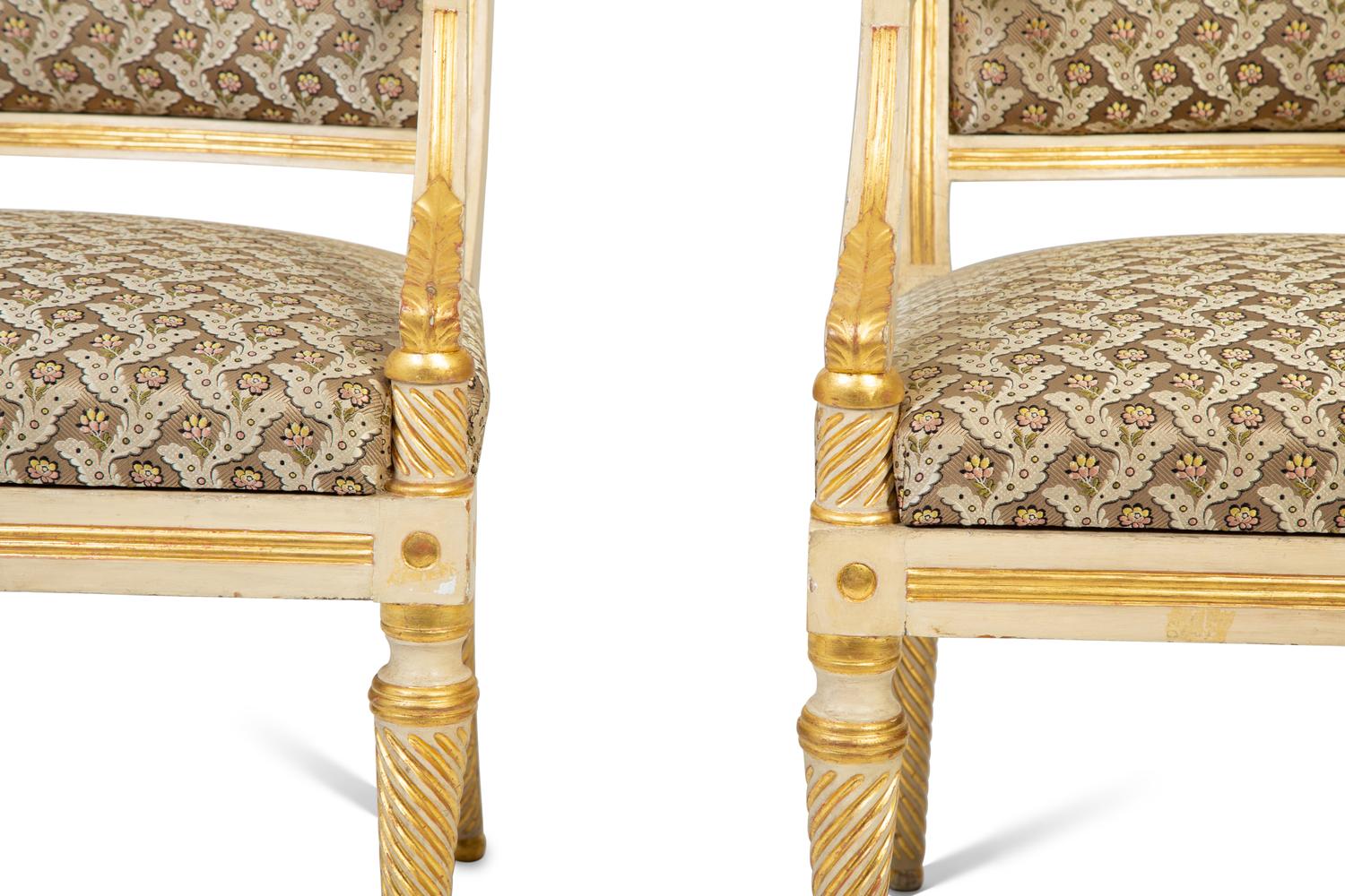 A Pair of Regency Painted and Parcel Gilt Open Armchairs — 19TH CENTURY