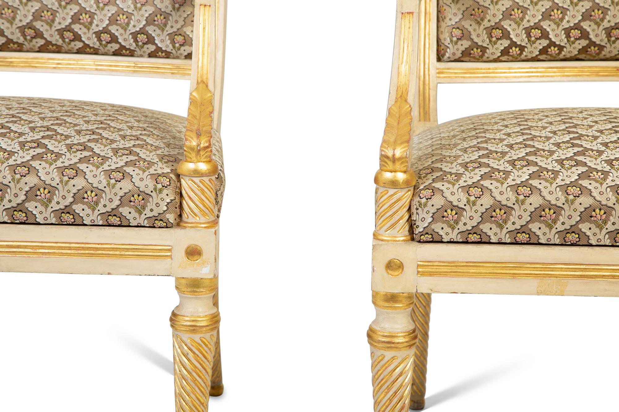 A Pair of Regency Painted and Parcel Gilt Open Armchairs — 19TH CENTURY