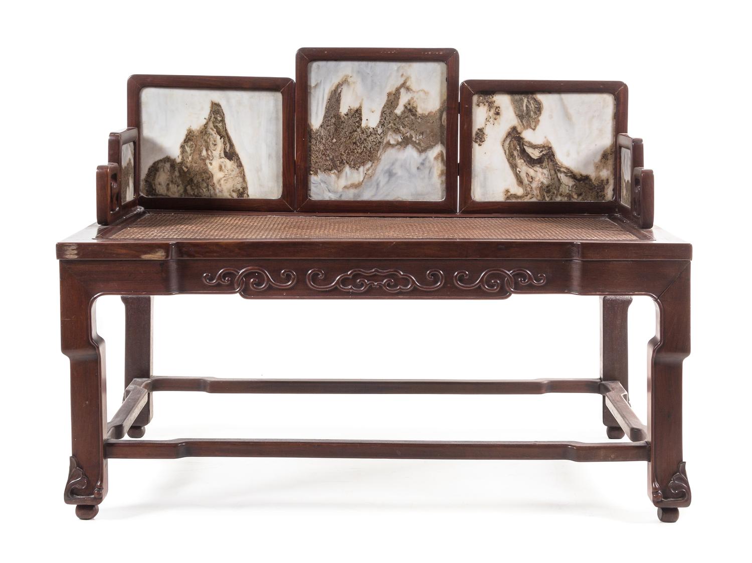 A Large Chinese Marble Inset Hardwood Settee Height 29 x width 42 x depth 22 inches.