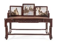 A Large Chinese Marble Inset Hardwood Settee Height 29 x width 42 x depth 22 inches.