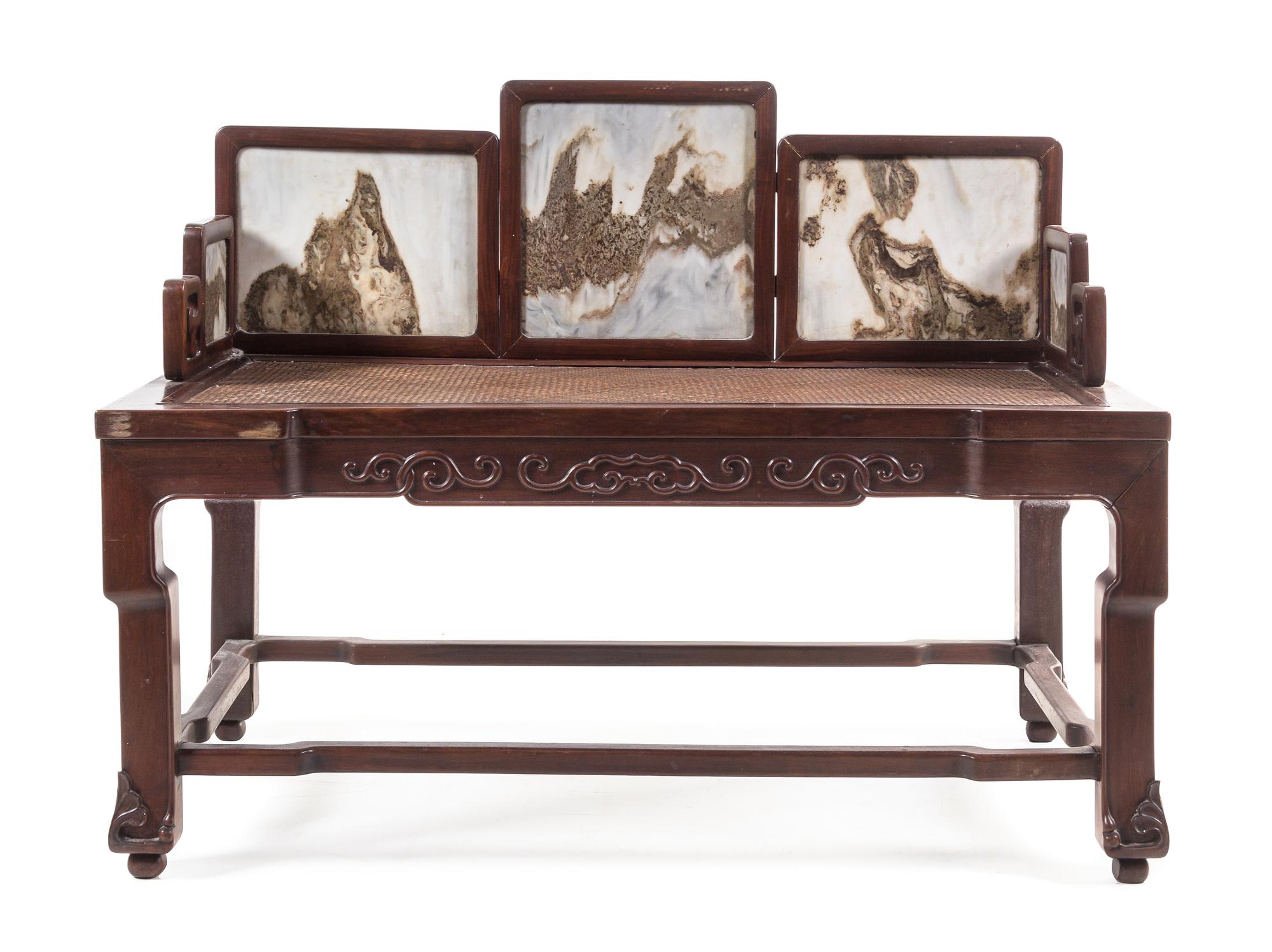 A Large Chinese Marble Inset Hardwood Settee Height 29 x width 42 x depth 22 inches.