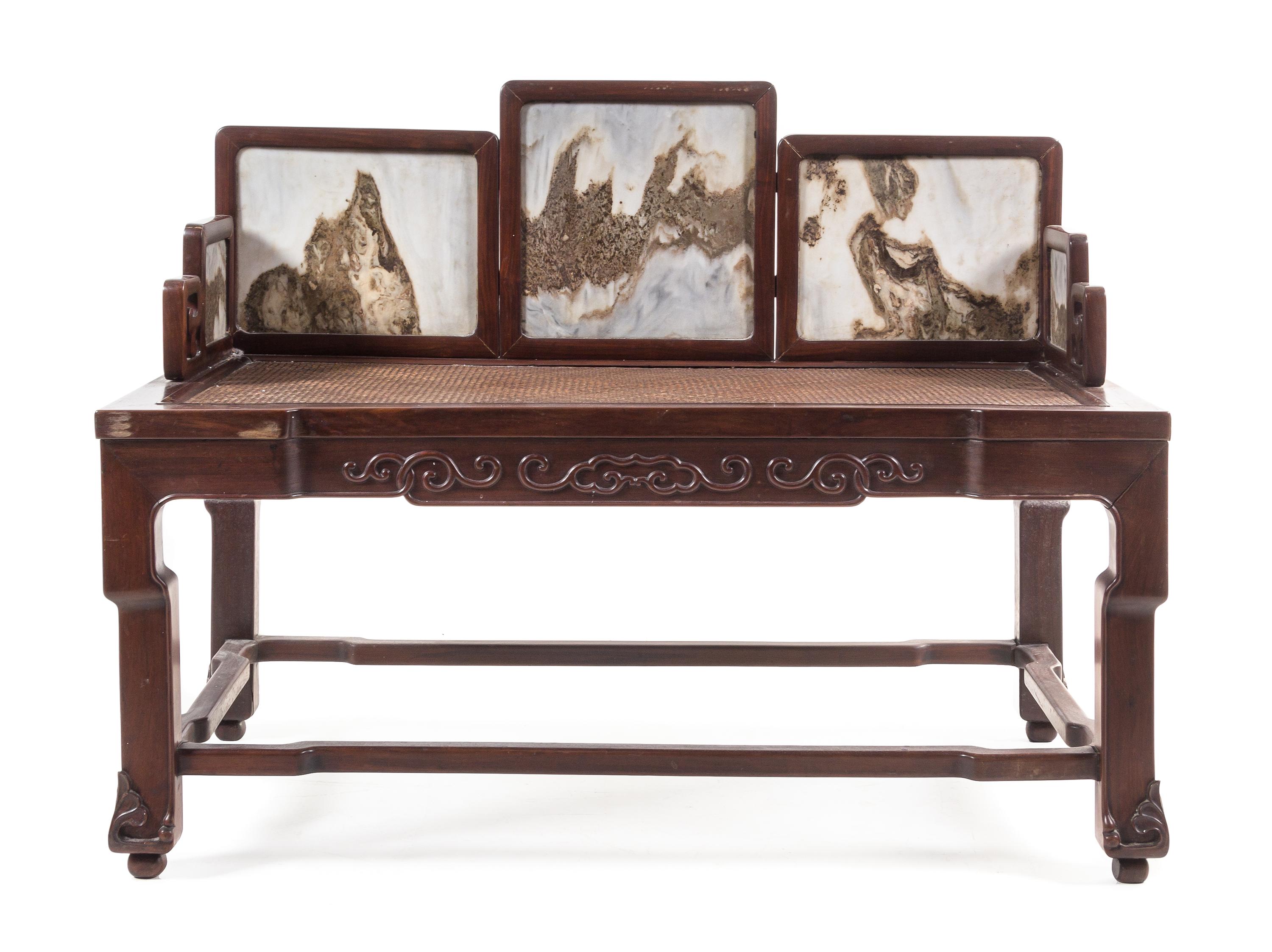 A Large Chinese Marble Inset Hardwood Settee Height 29 x width 42 x depth 22 inches.