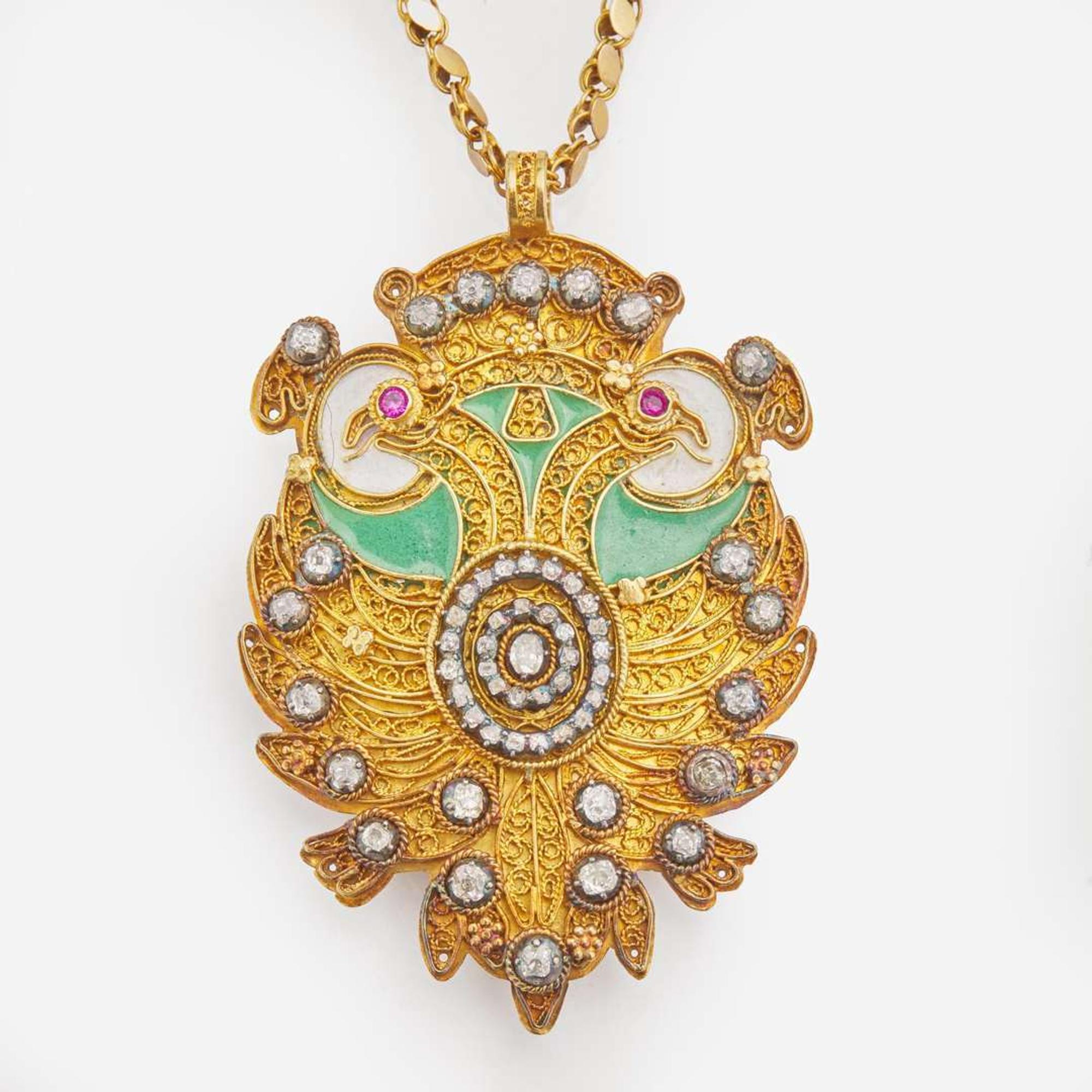 An 18K Yellow Gold, Diamond, and Enamel Pendant and Chain
