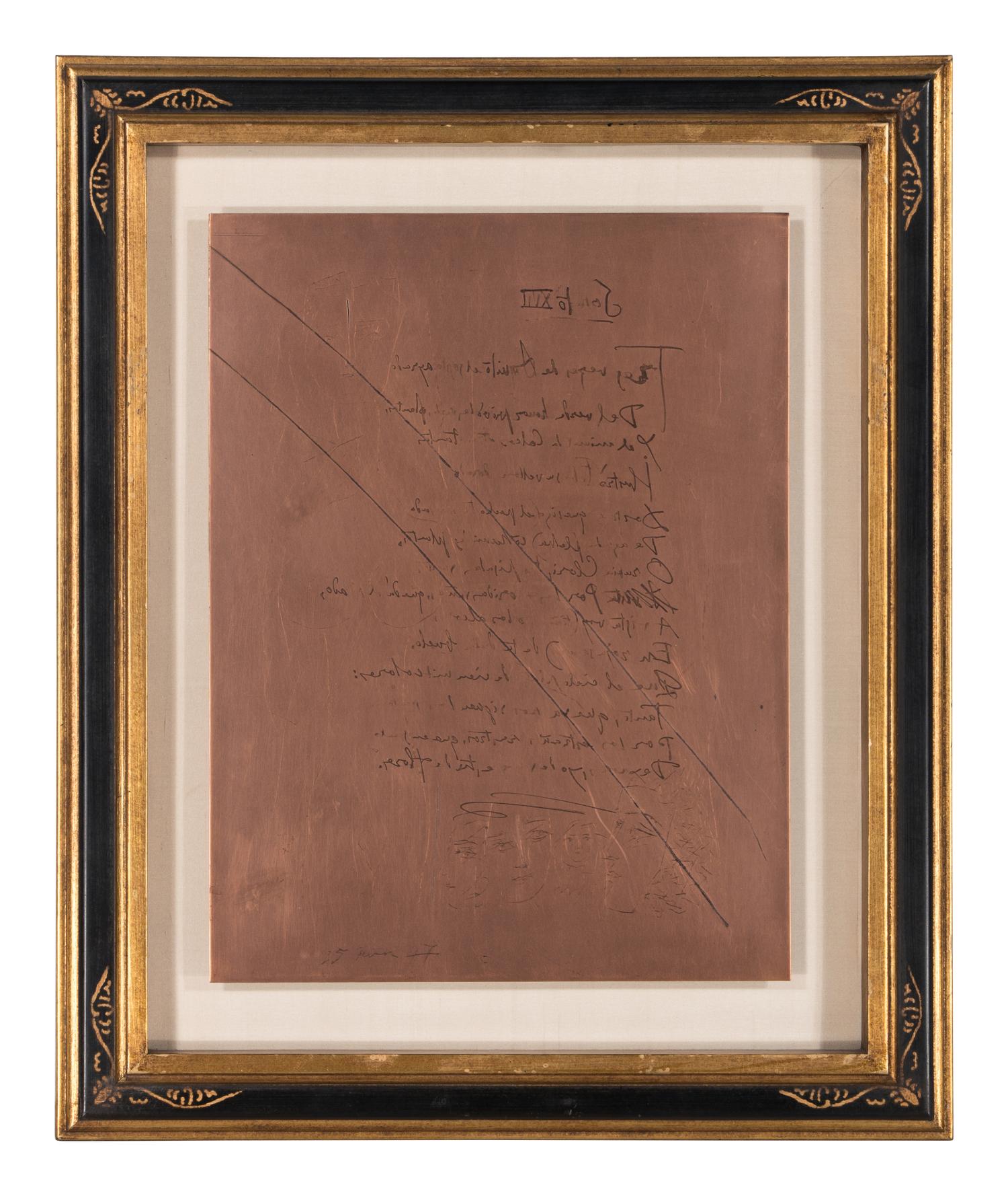 Original Copper Plate fo r Soneto XVII (from Vingt Poèmes de Góngora ), 1947