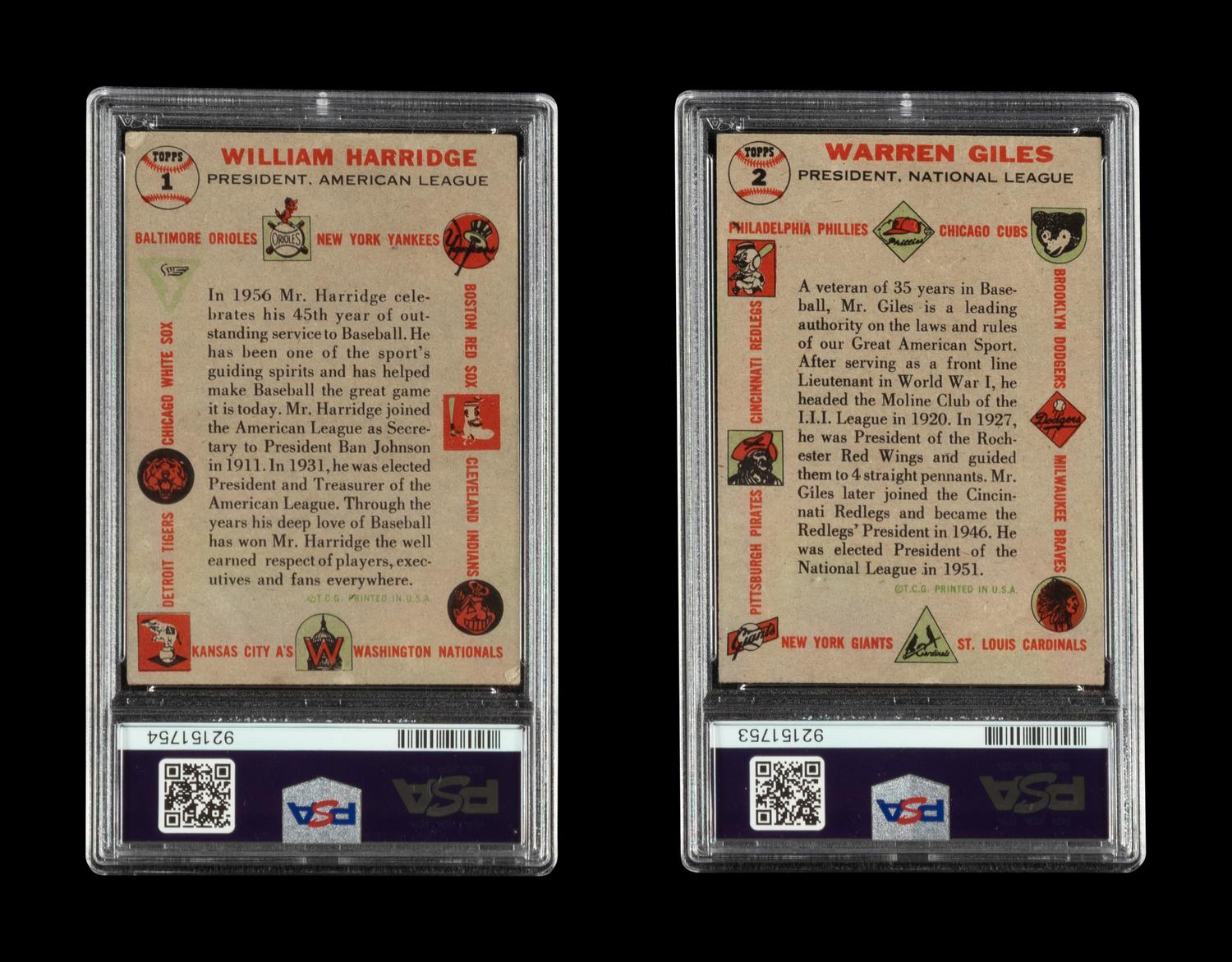 A Group of 1956 Topps Warren Giles and William Harridge Signed Autograph Baseball Cards (PSA Authentic)