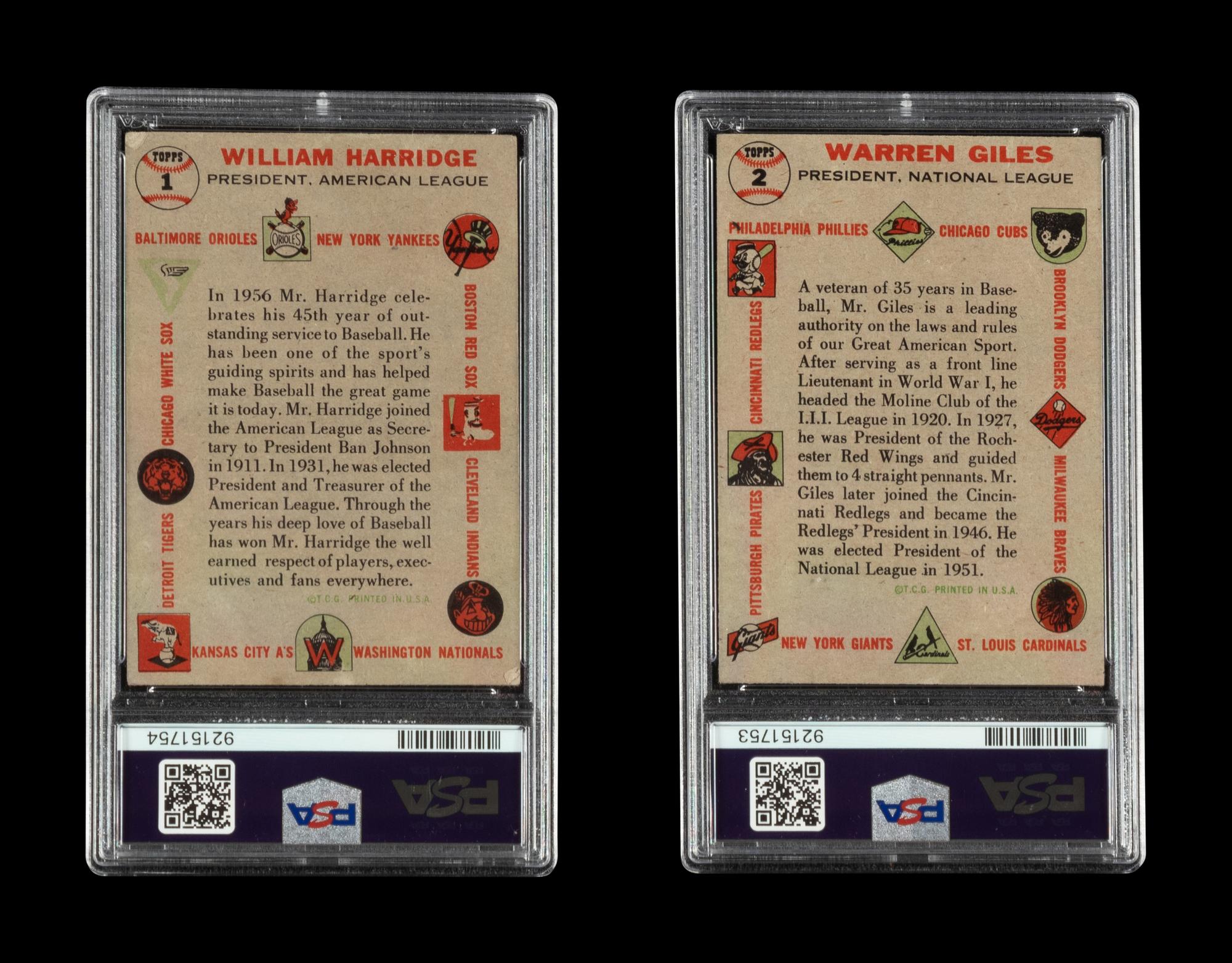 A Group of 1956 Topps Warren Giles and William Harridge Signed Autograph Baseball Cards (PSA Authentic)