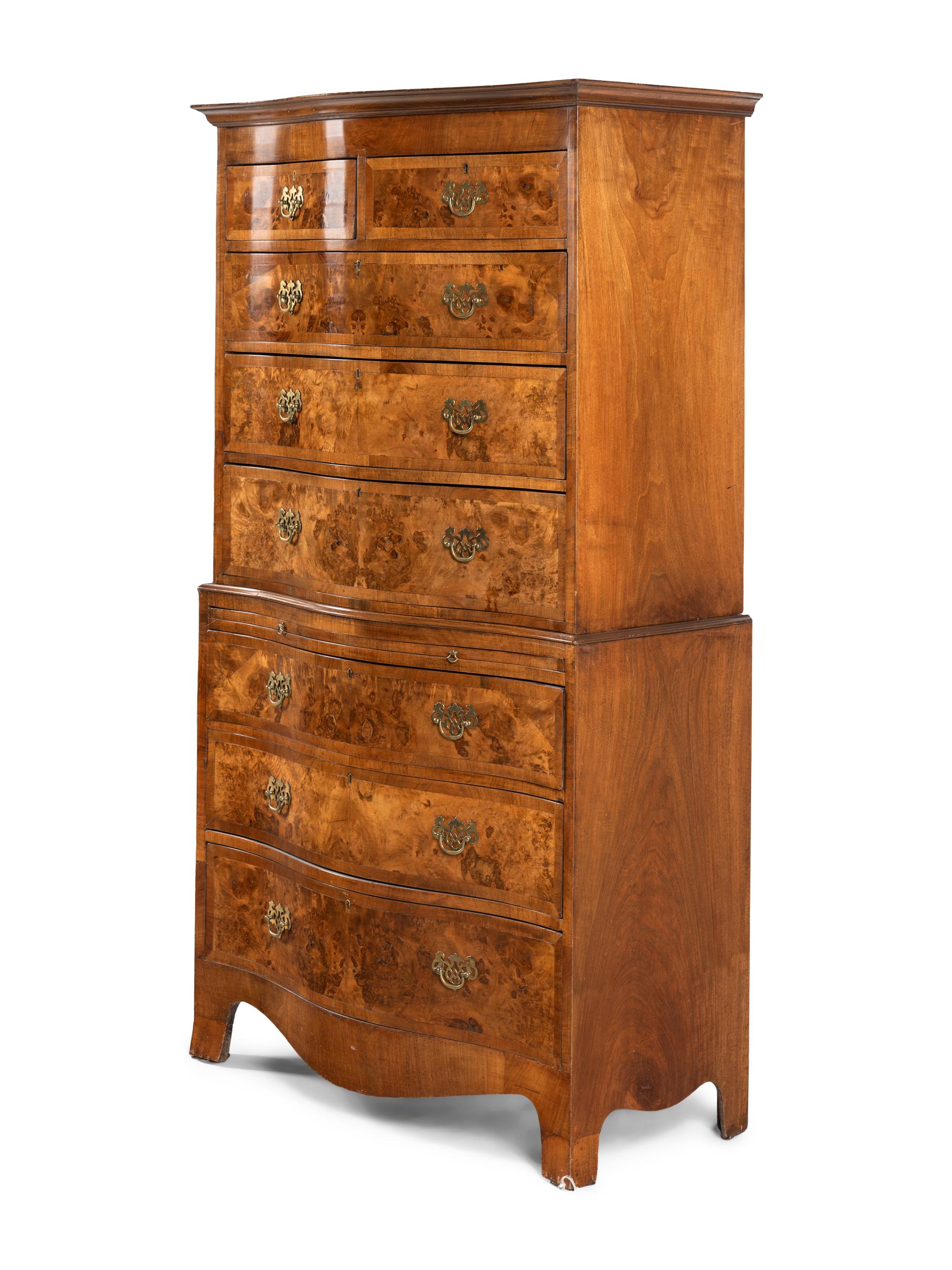 A George III Burl Walnut and Mahogany Serpentine Chest-on-Chest