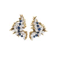 DIAMOND AND SAPPHIRE EARCLIPS WITH YELLOW GOLD JACKETS