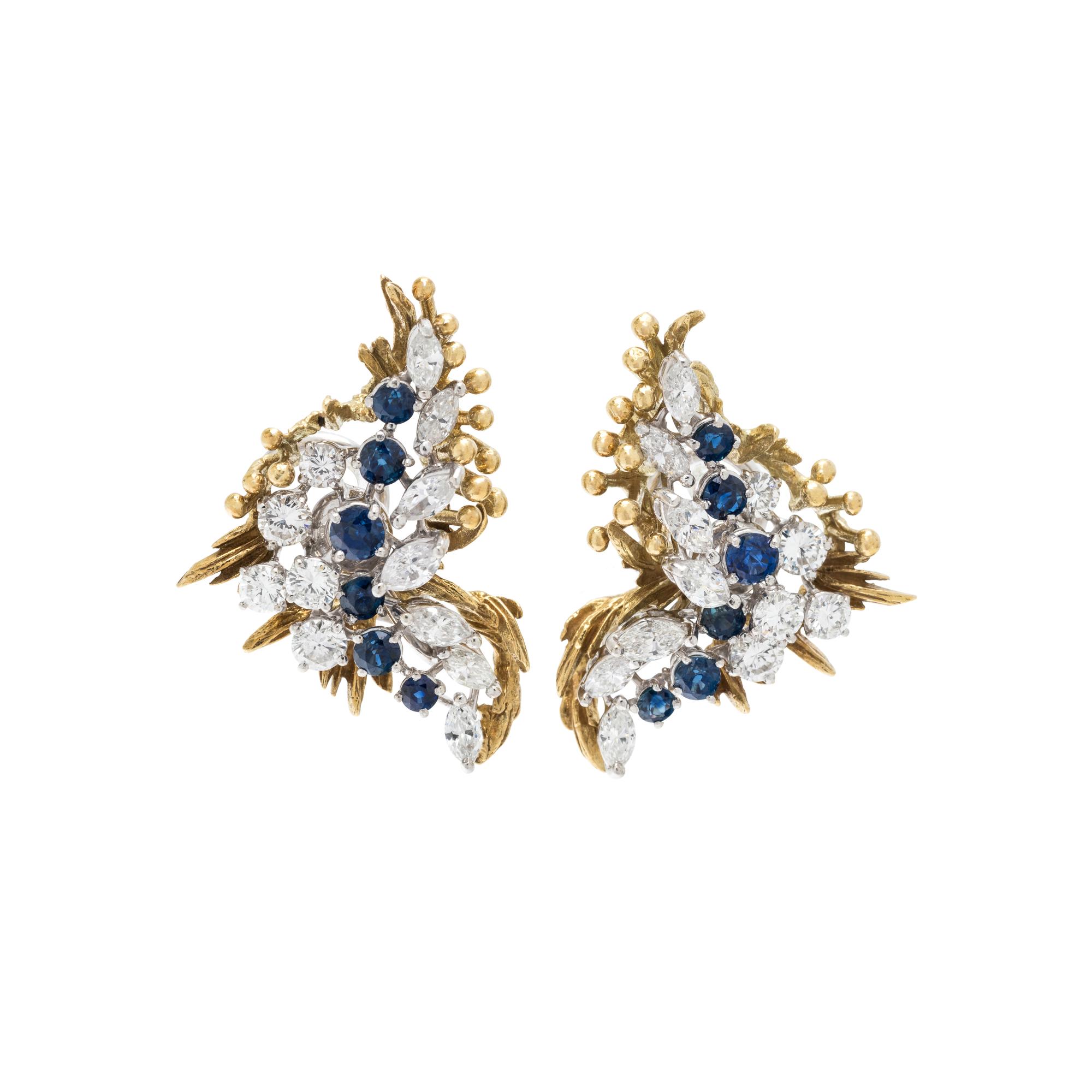 DIAMOND AND SAPPHIRE EARCLIPS WITH YELLOW GOLD JACKETS