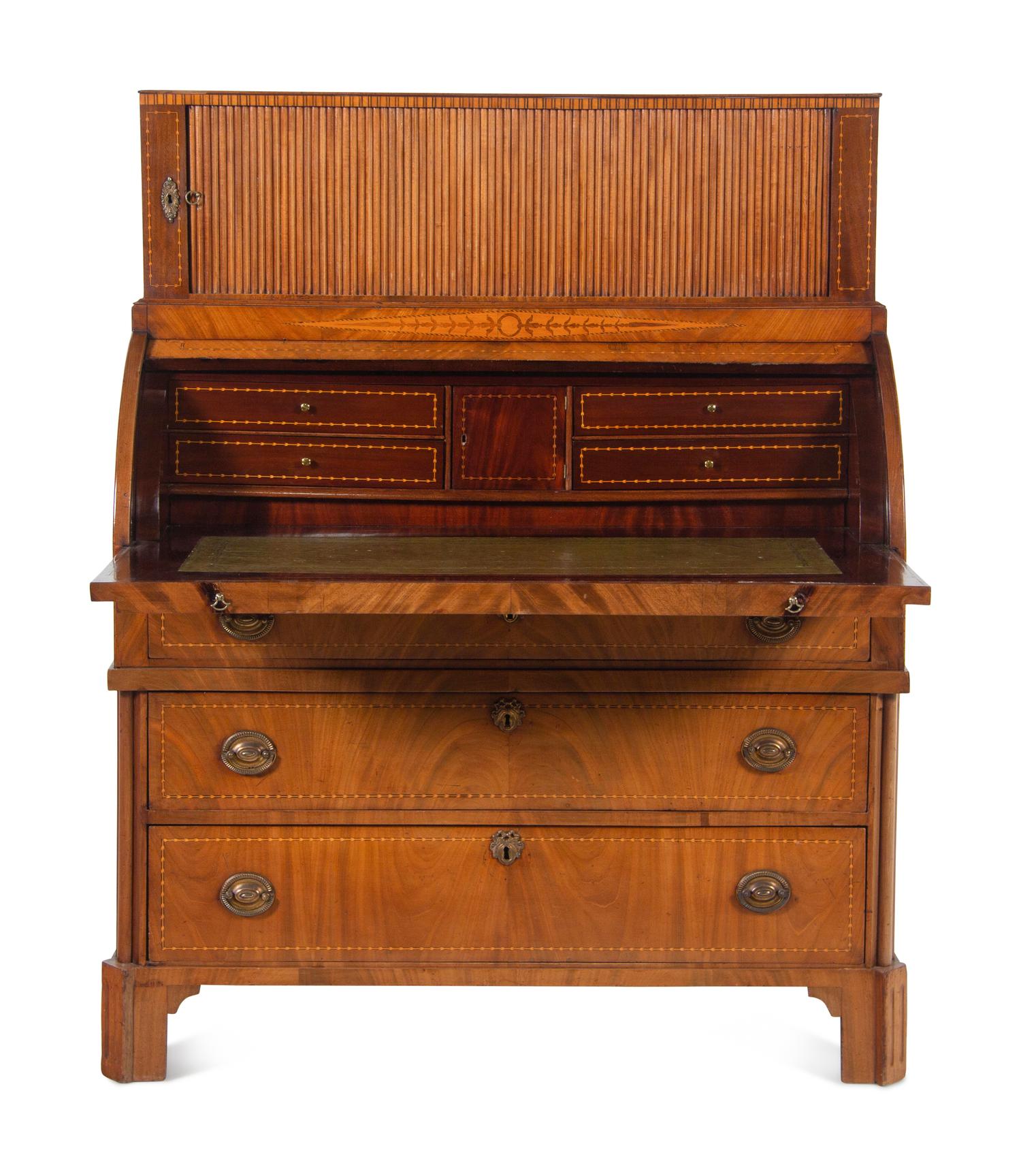 A George III Mahogany and Marquetry Cylinder-Top Bureau