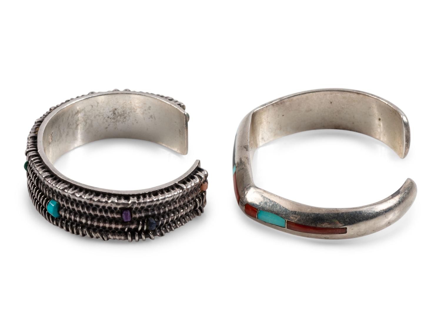 Pair of Sterling Silver Cuff Bracelets, with Inlay
