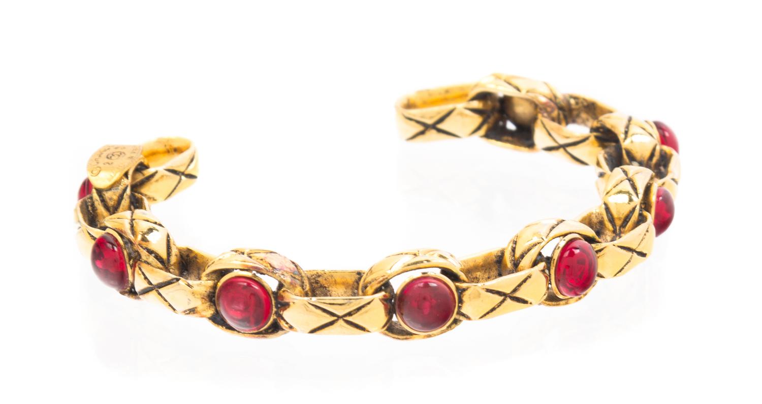 A Chanel Goldtone and Red Gripoix Cuff, 6.5" x .45".