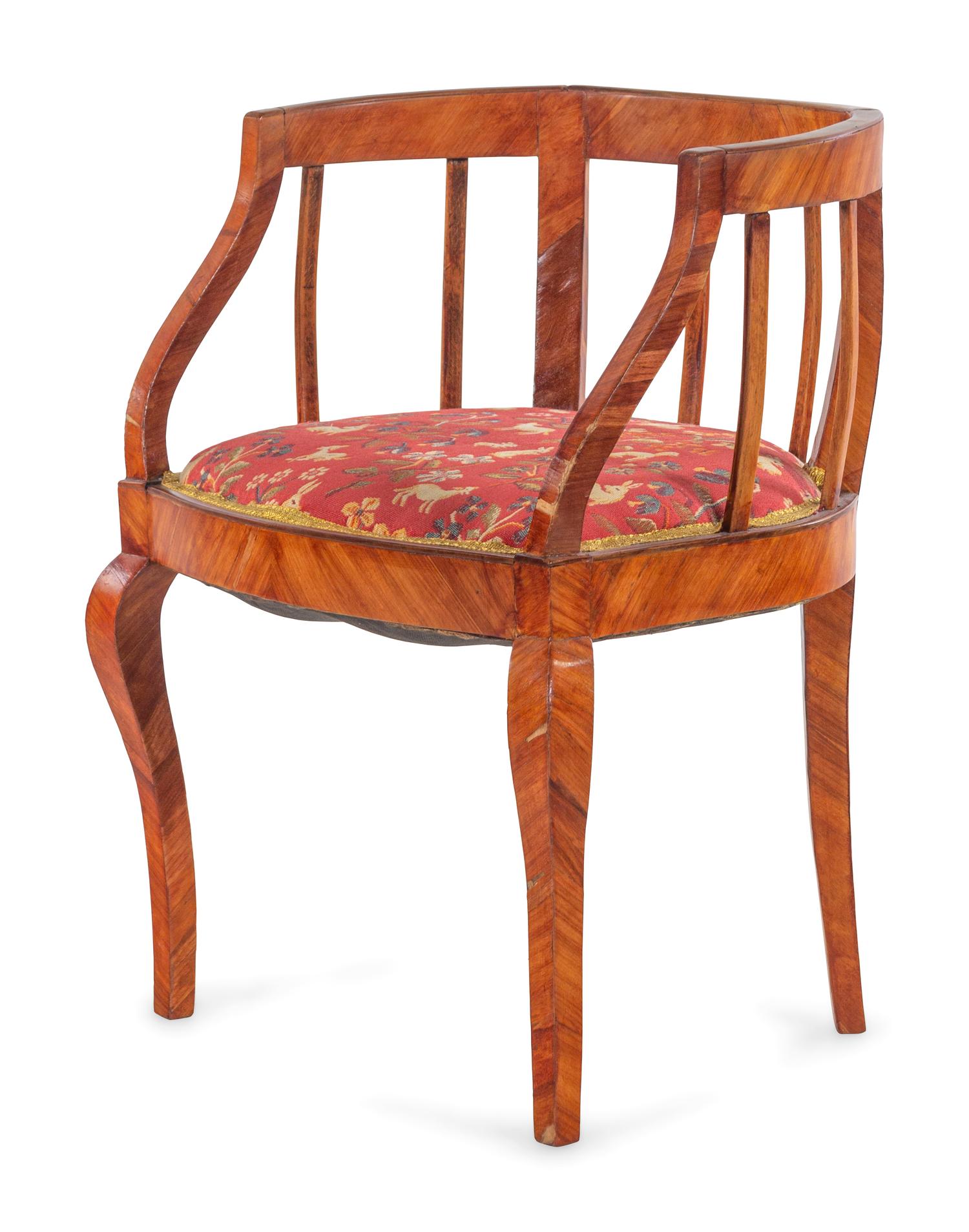 An Italian Rococo Style Gilt Metal Mounted Olivewood Desk and an Associated Chair