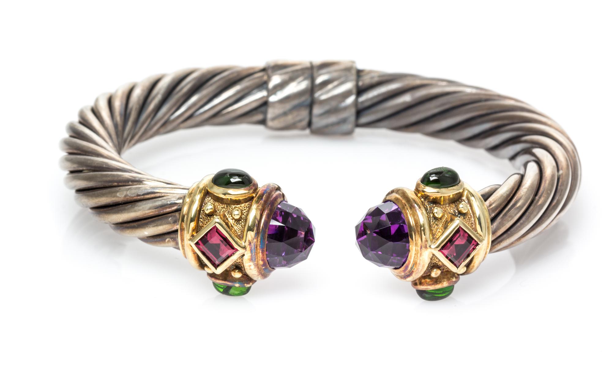 A Sterling Silver, 14 Karat Yellow Gold, Amethyst, Pink Tourmaline and Green Tourmaline 'Renaissance' Bracelet, David Yurman, 35.10 dwt